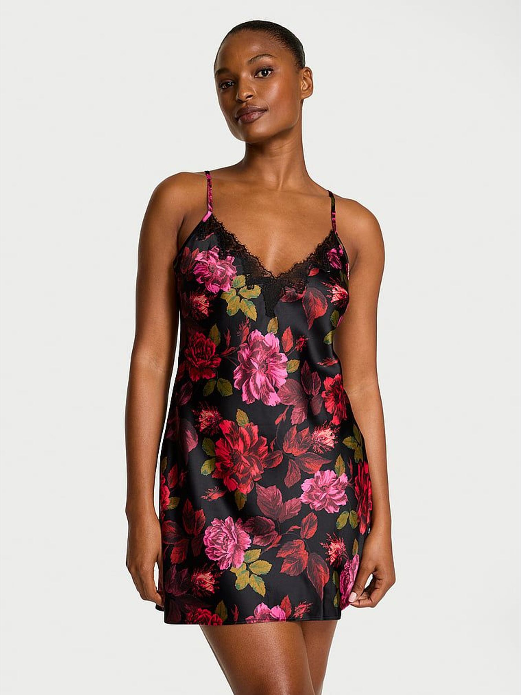 Red Floral Rose Satin Lace Trim Slip Dress (V30300) | £69