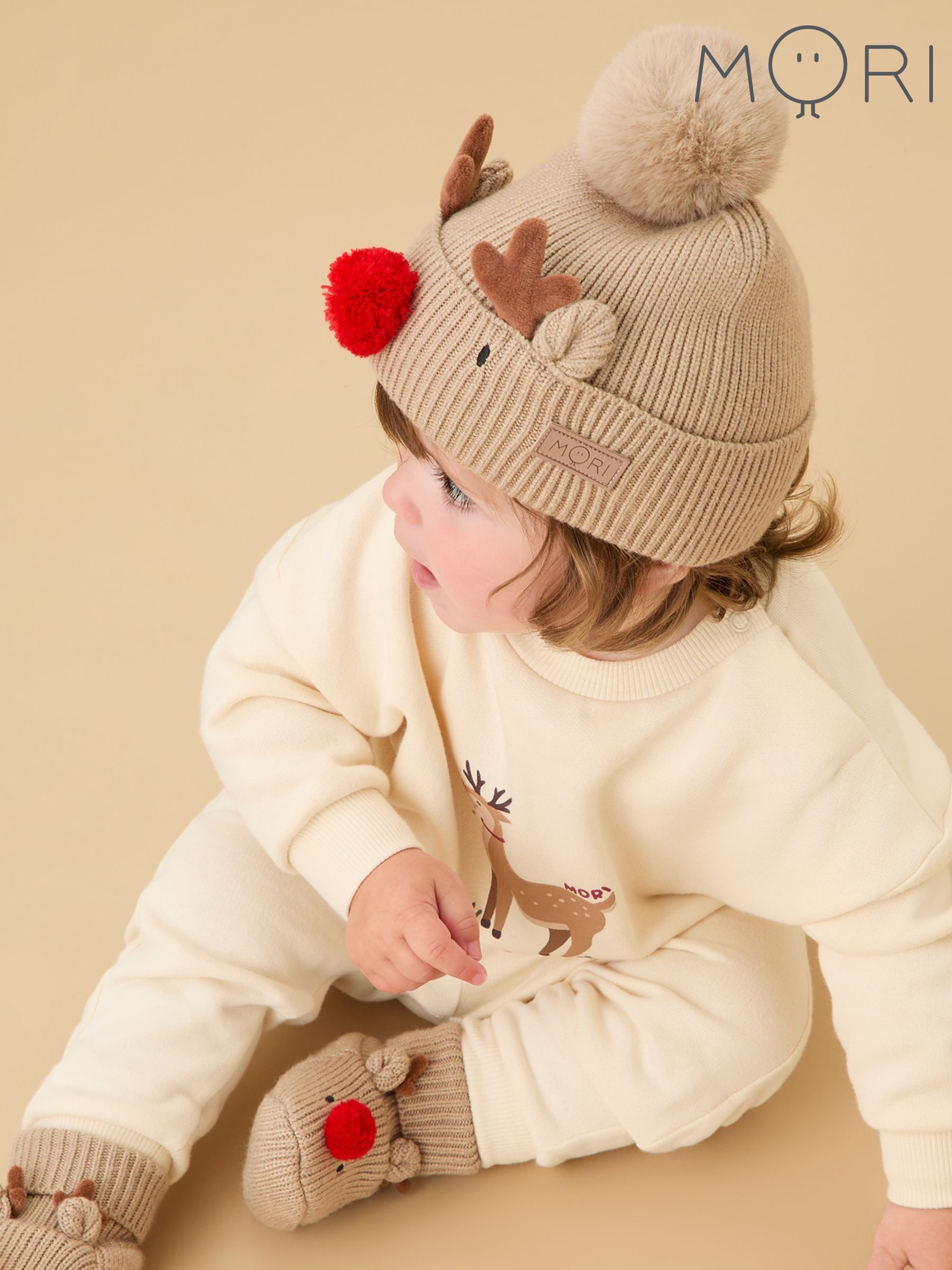 MORI Cream Reindeer My First Christmas Hat and Booties Set (V31331) | £32