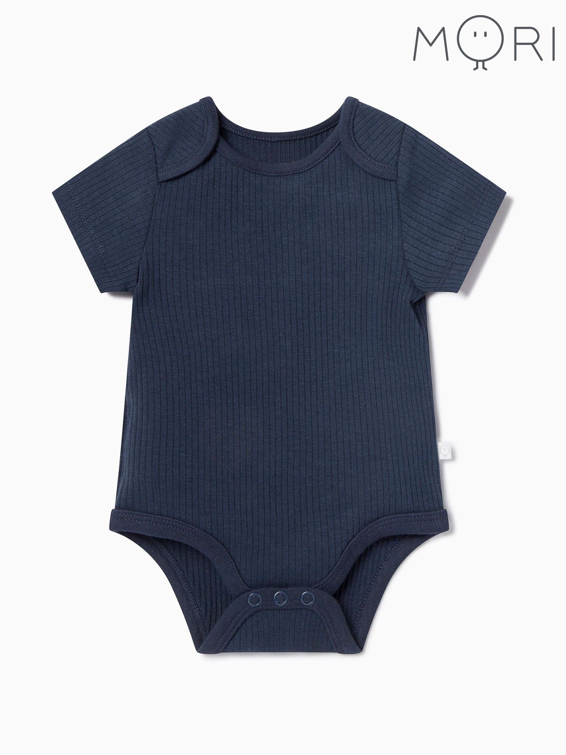 MORI Blue Ribbed Stretch Short Sleeve Envelope Neckline Bodysuit (V31483) | £18.50