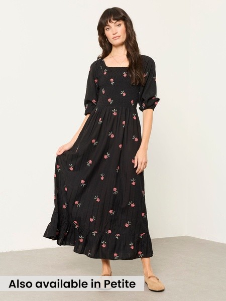 Black - Embroidered Midi Dress