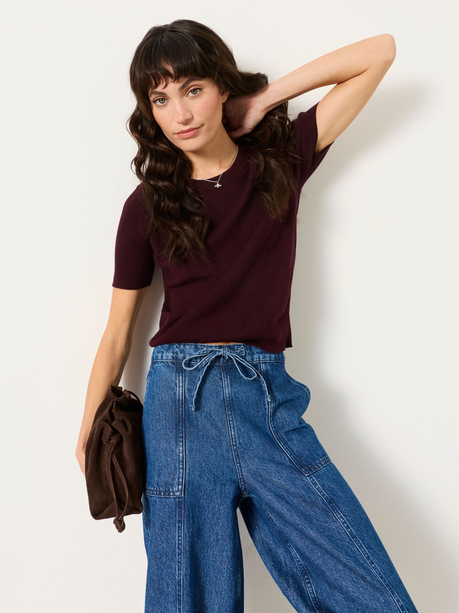 Burgundy Red - Short Sleeve Knitted Top