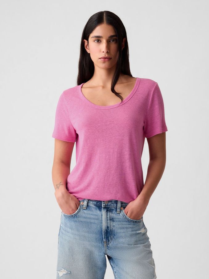 Dark Pink Linen Blend Short Sleeve Scoop Neck T-Shirt (V40959) | £12