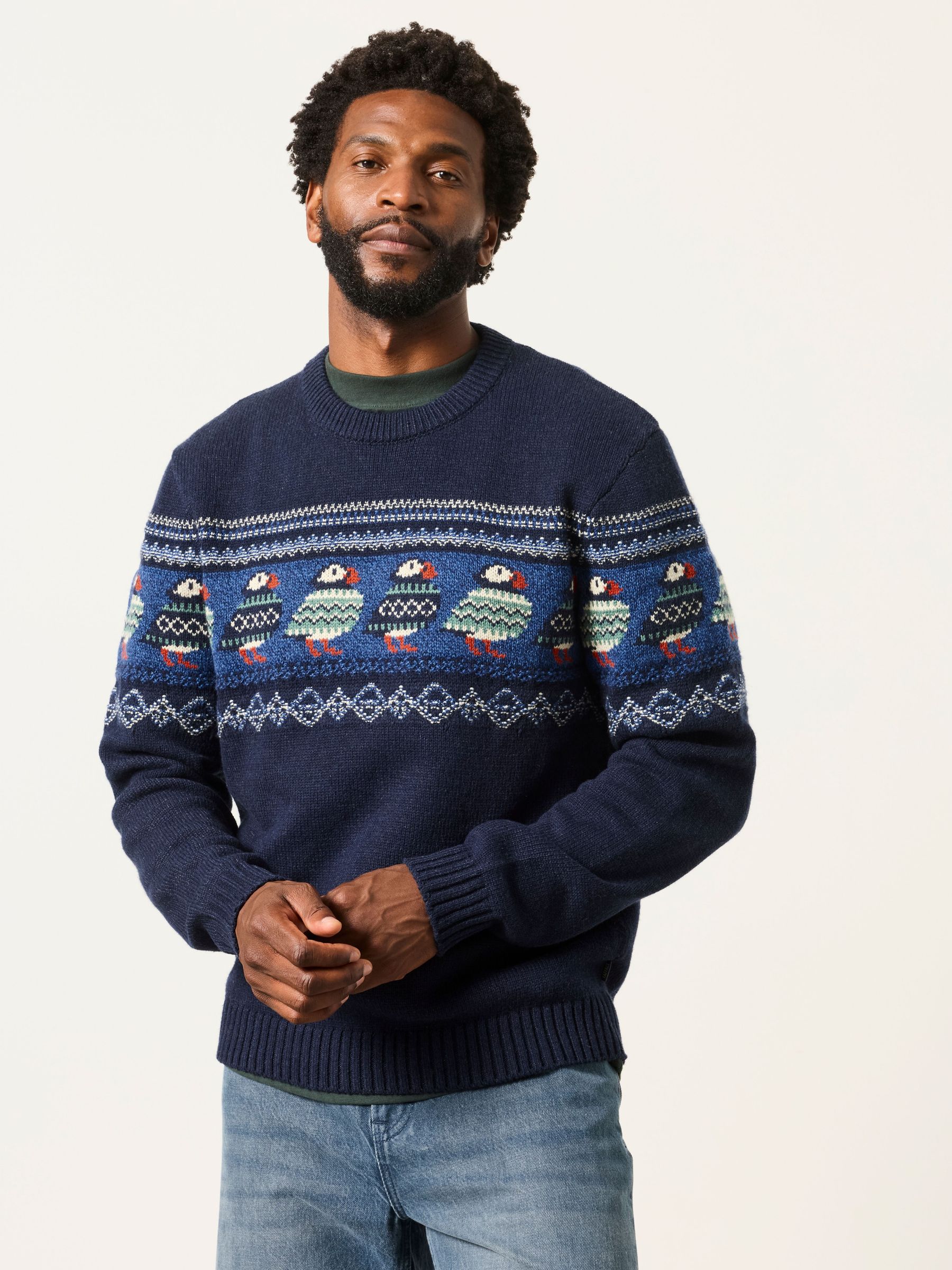 Navy - Regular Puffin Crew Neck Knitted Jumper