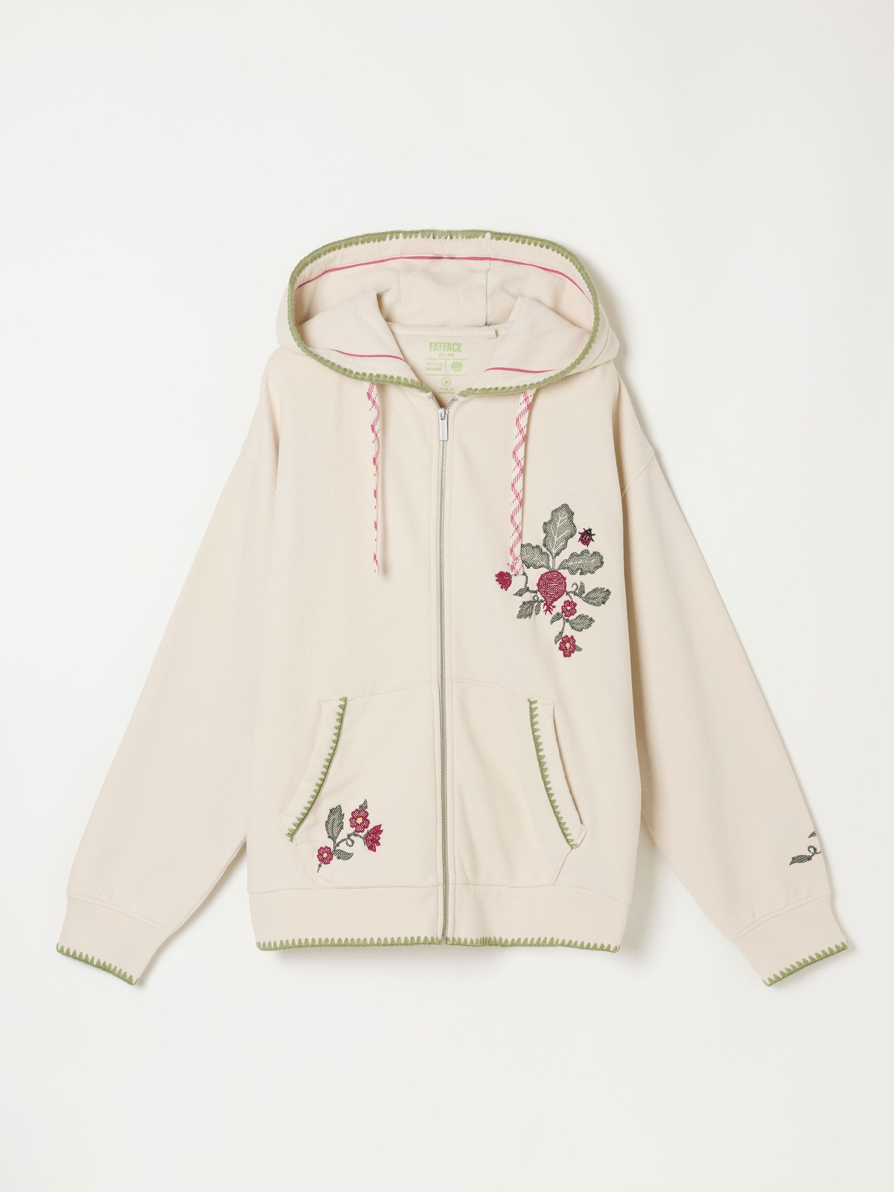 Ivory - Embroidered Zip Through Hoodie