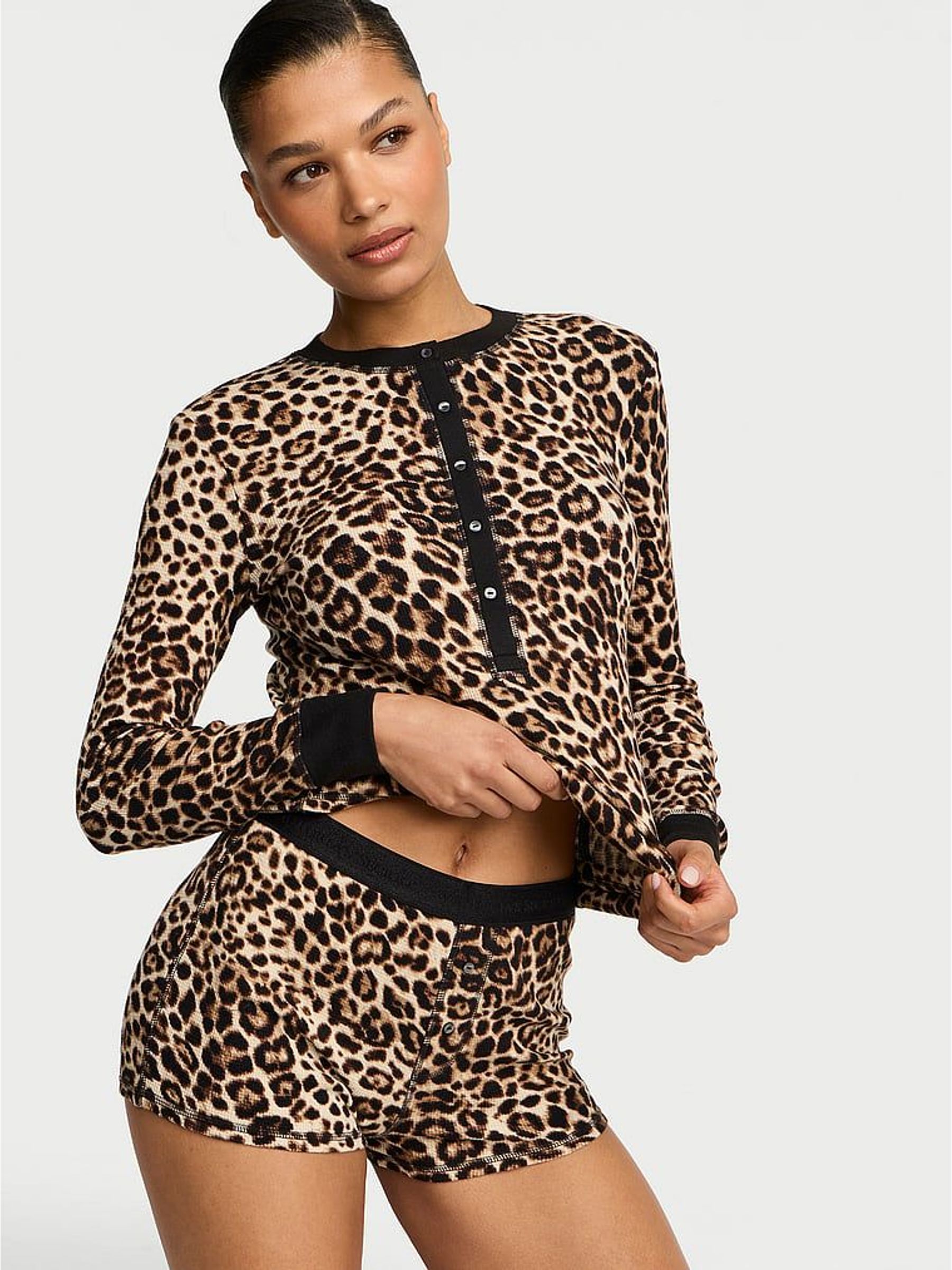 Leopard Brown - Thermal Henley Short Pyjama Set