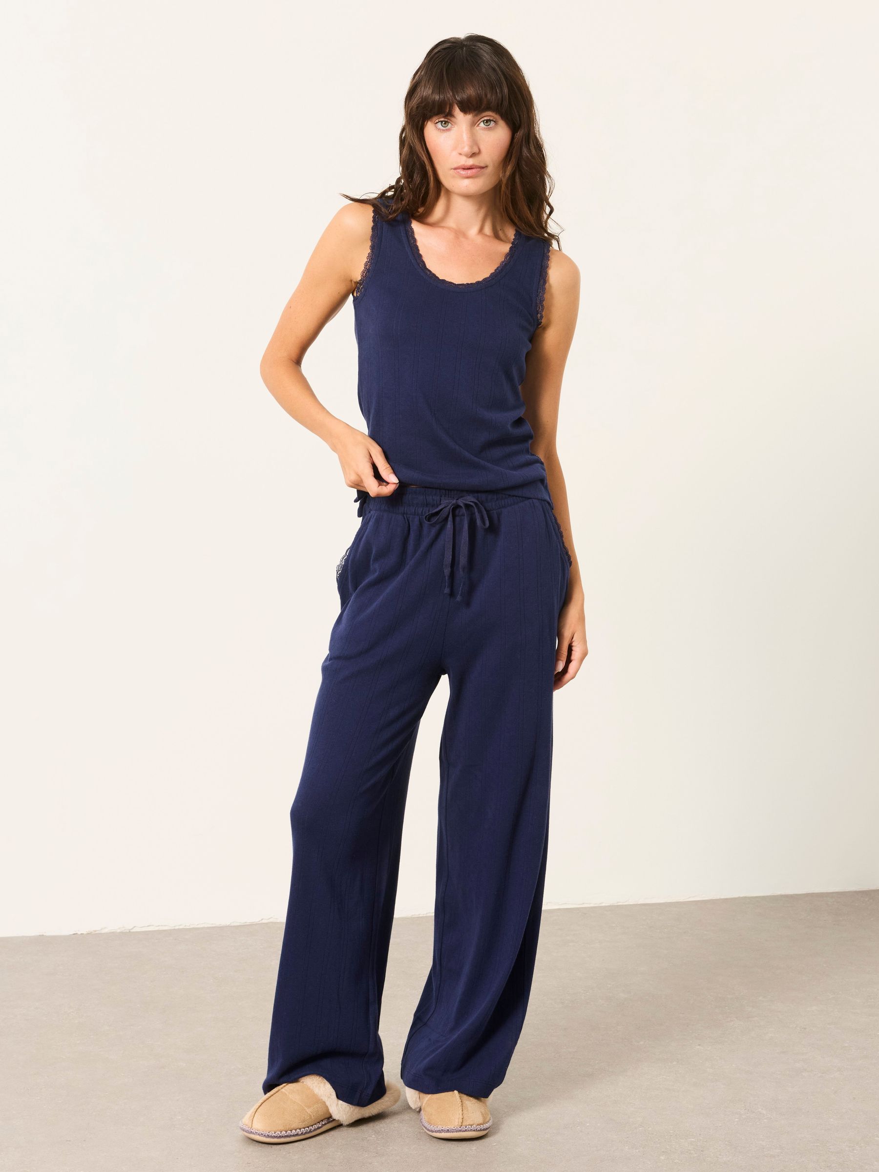 Navy - Pointelle Wide Leg Trouser And Vest Set
