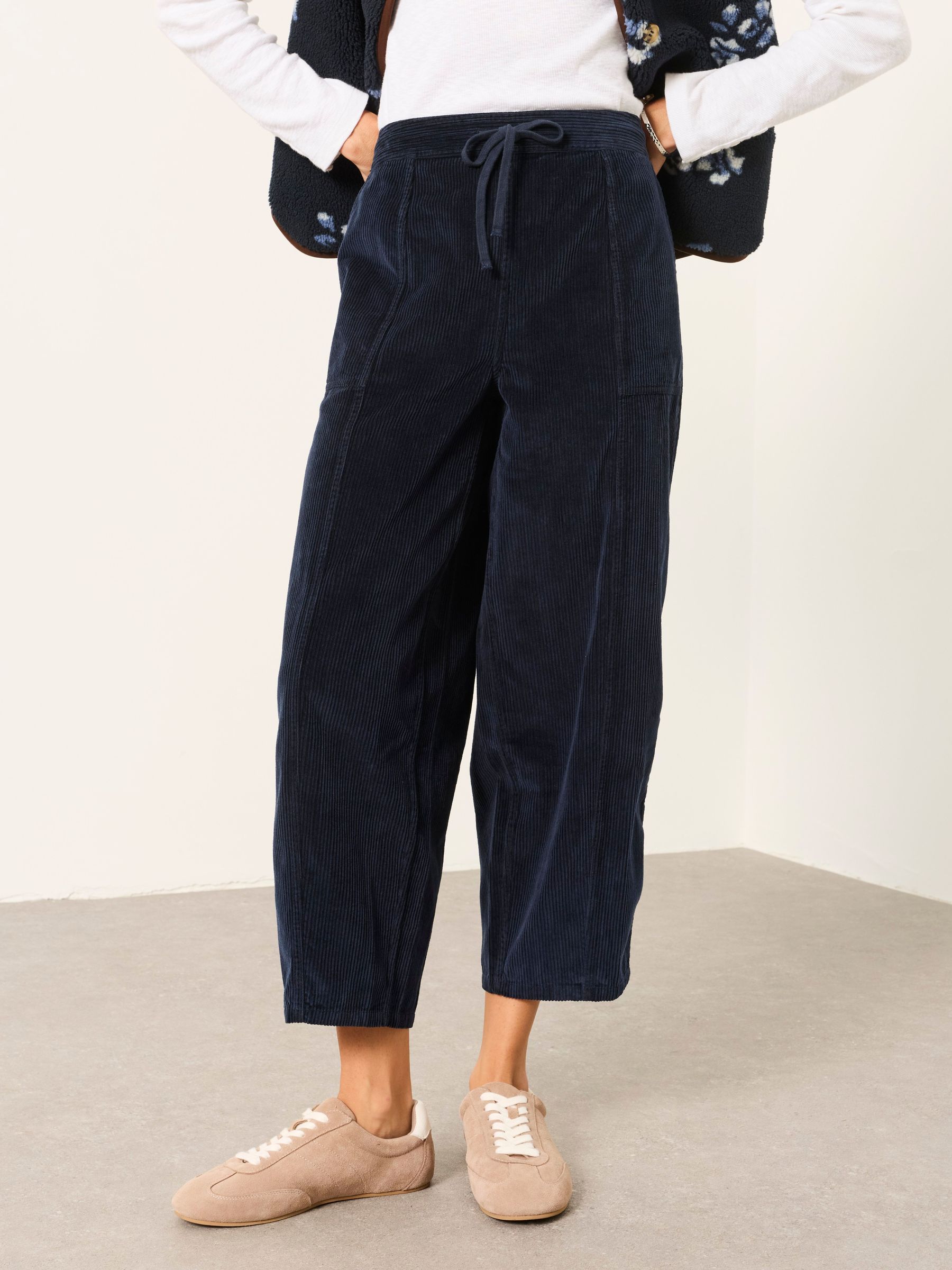 Navy - Barrel Cropped Cord Trousers