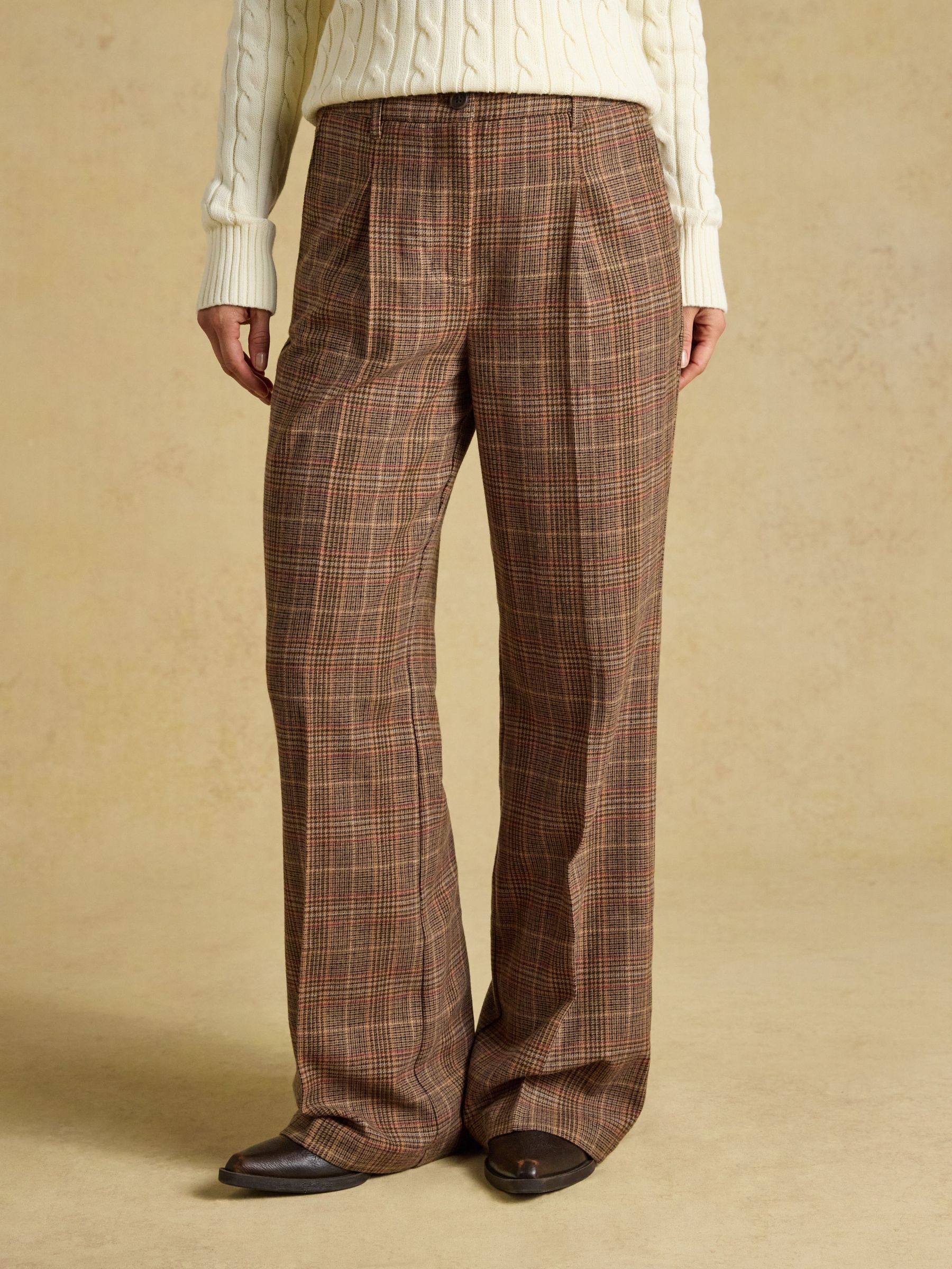 Brown - Check Wool Rich Wide Leg Tweed Trousers