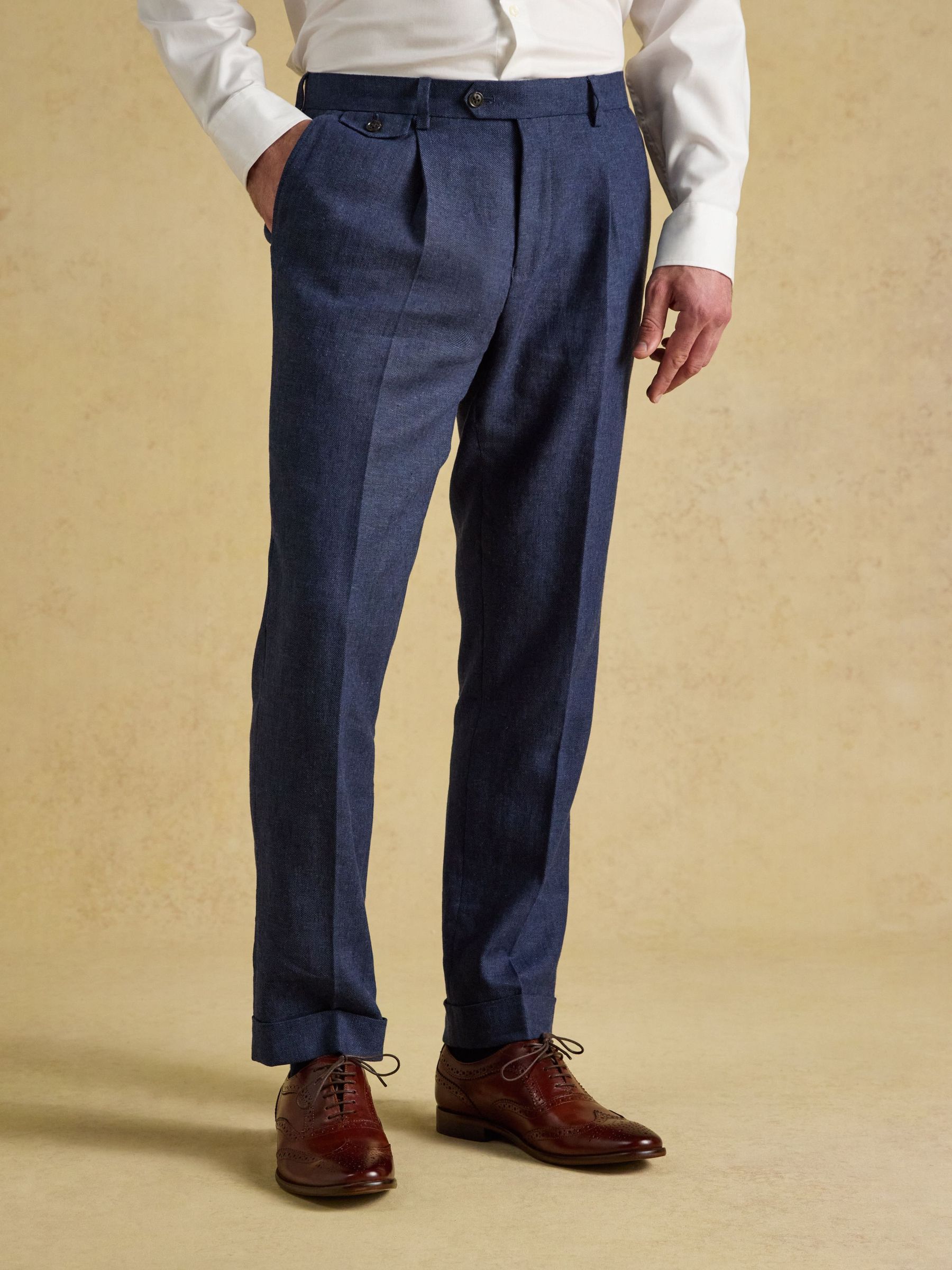 Blue - Regular Slim Fit Linen Suit Trousers