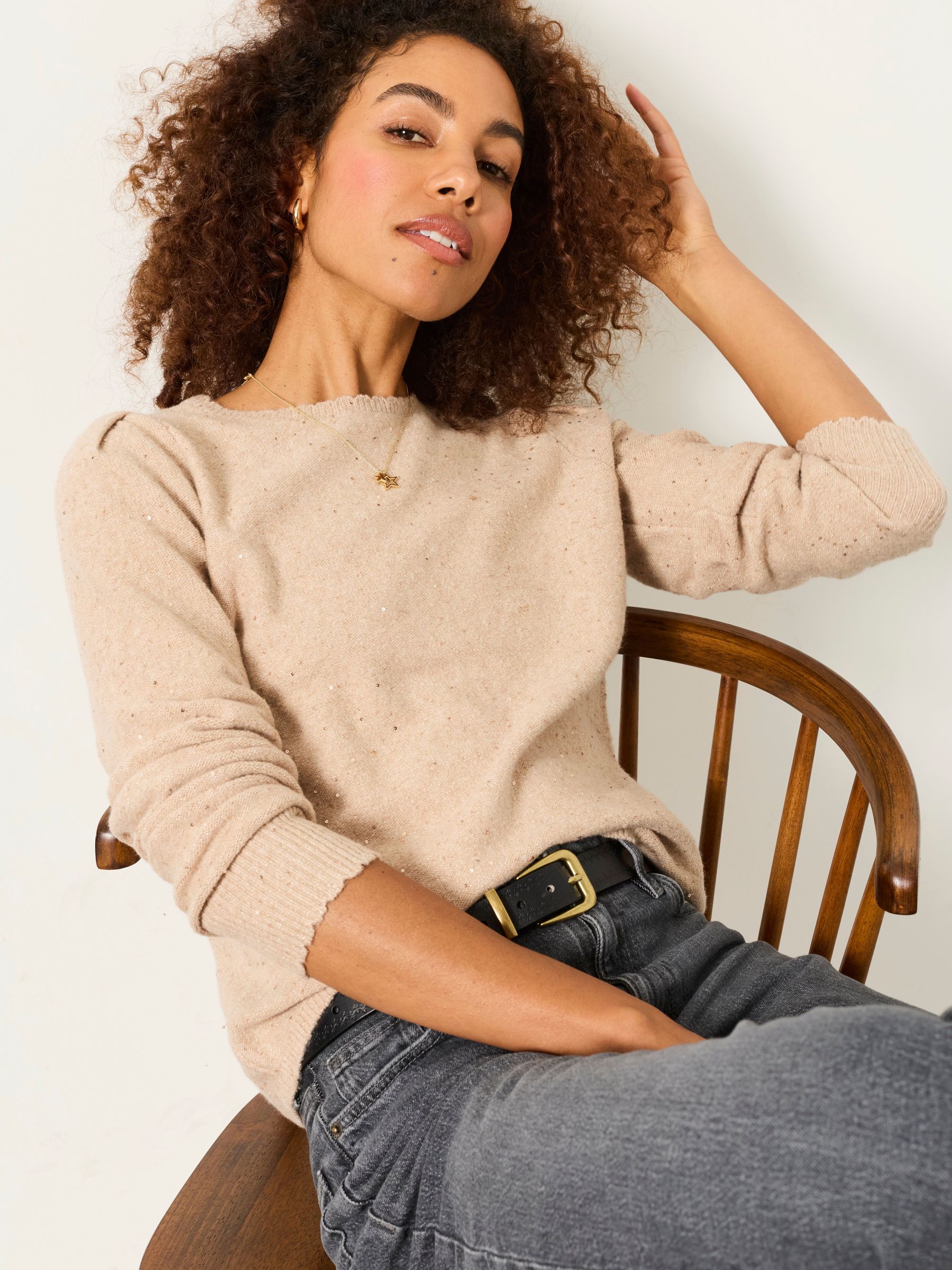 Natural - Knitted Sequin Sparkle Frill Cuff Jumper