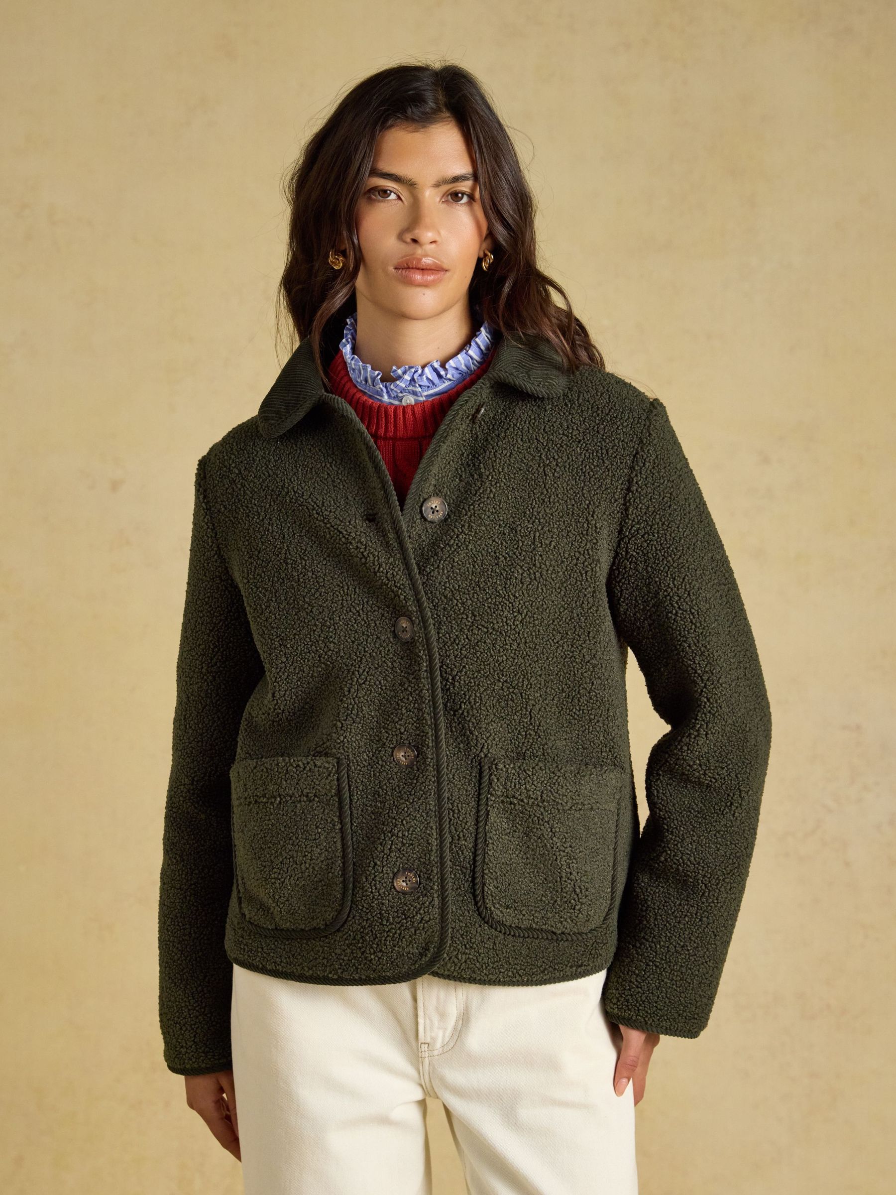 Khaki Green - Button Through Fleece Jacket