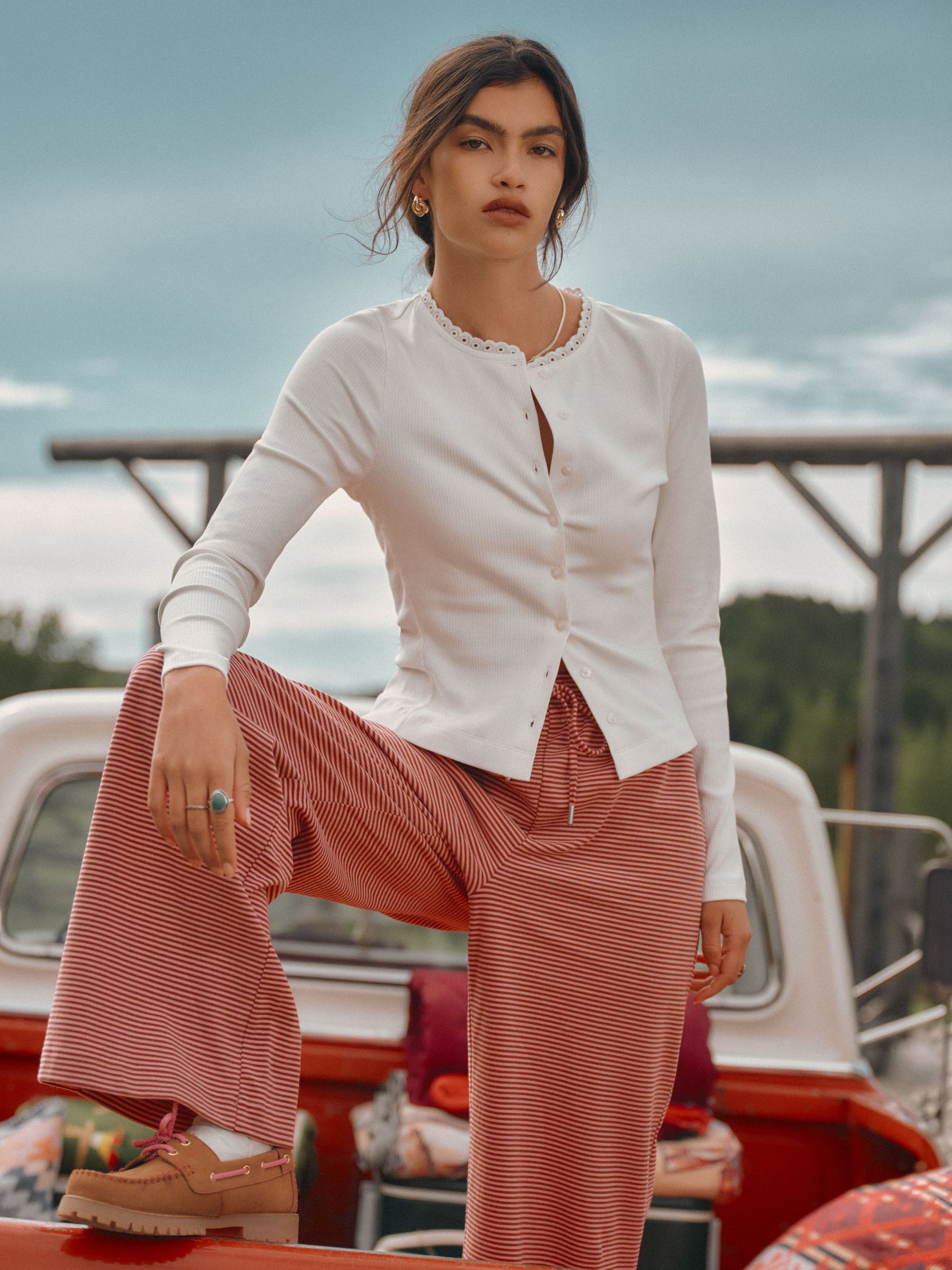 Cream - Long Sleeve Button Front Ribbed Jersey Top