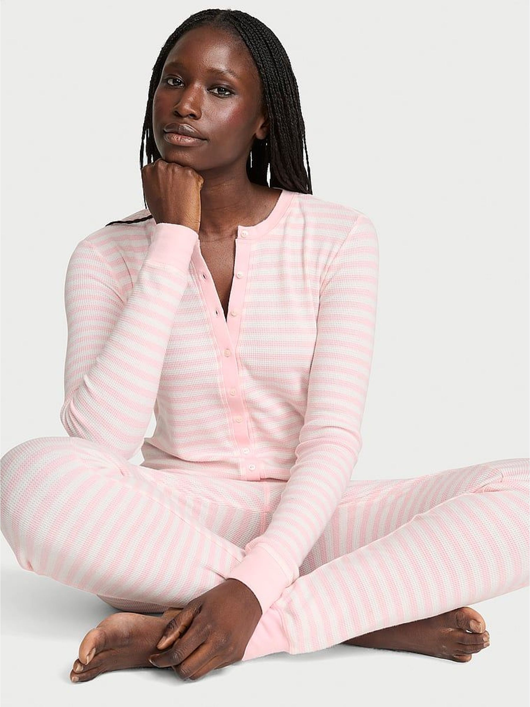Pretty Blossom Pink Iconic Stripe - Thermal Henley Onesie Pyjamas