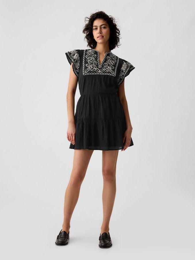 Black Crinkle Gauze Embroidered Mini Dress (V56164) | £25