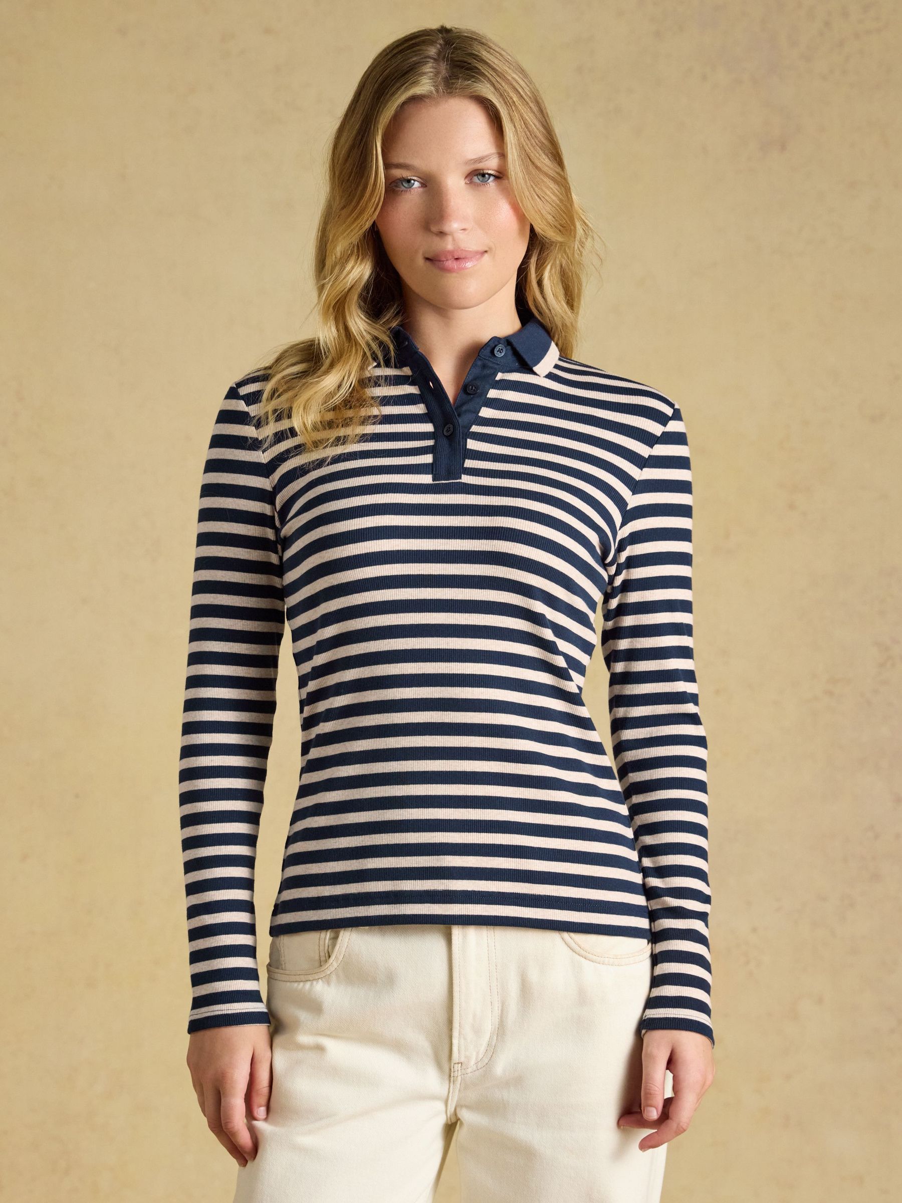 Navy/Oat Marl - Ribbed Long Sleeve Collared Jersey Top