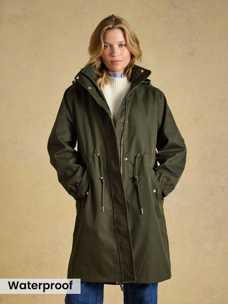 Khaki Green - Waterproof Longline Raincoat With Hood