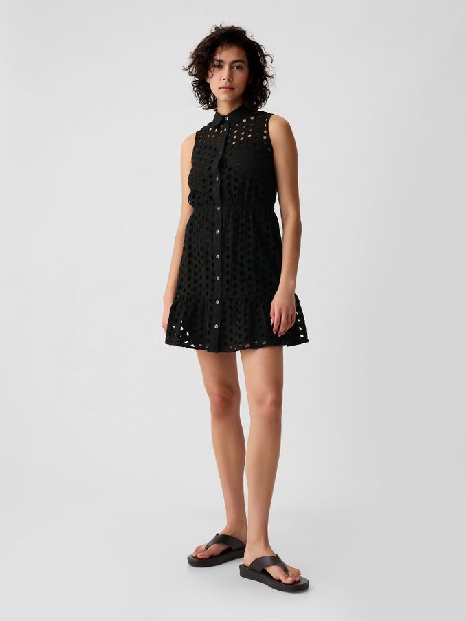 Black Eyelet Tiered Mini Dress (V57206) | £27