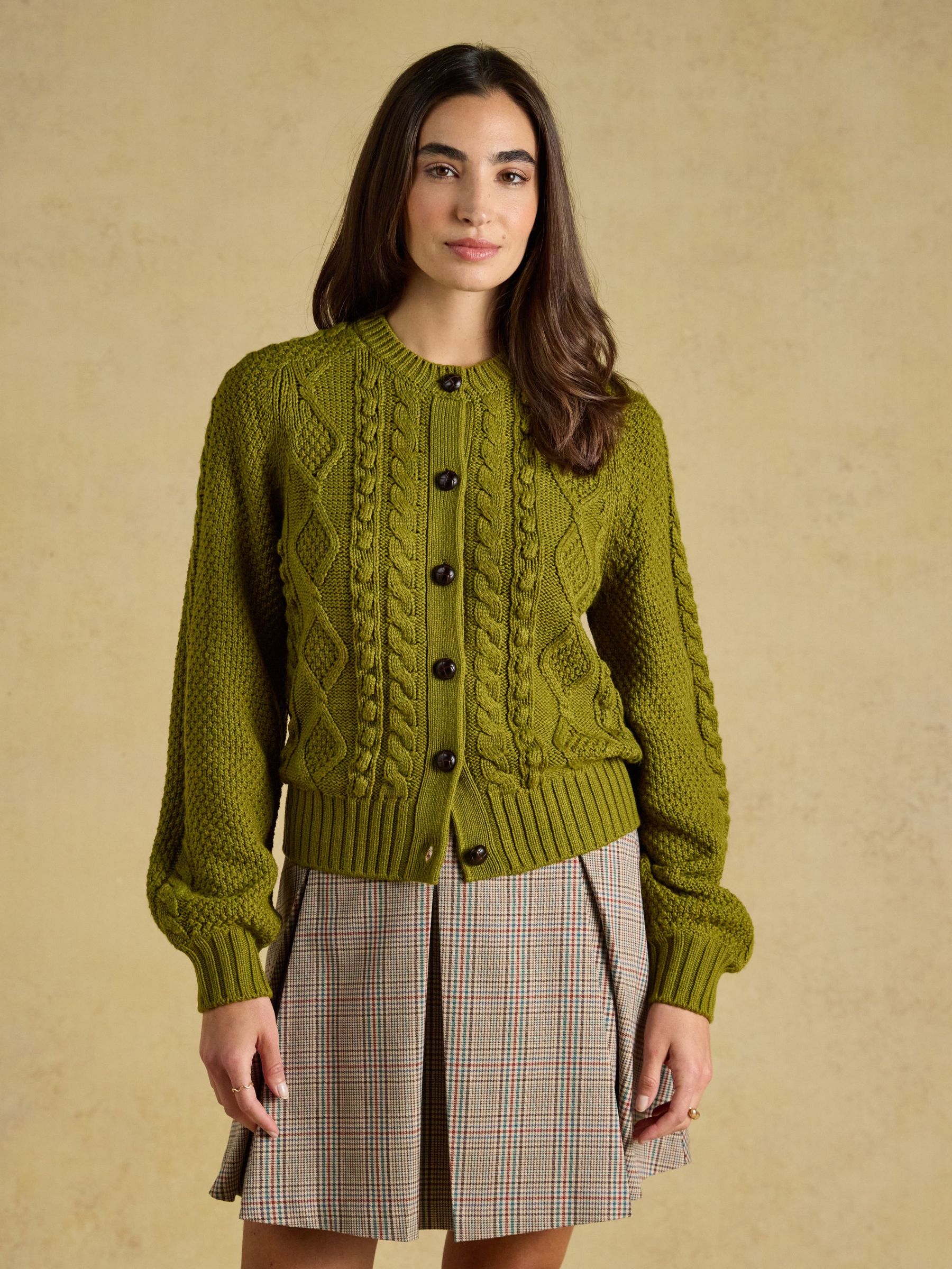 Olive Green - Cable Knit Crew Neck Cardigan