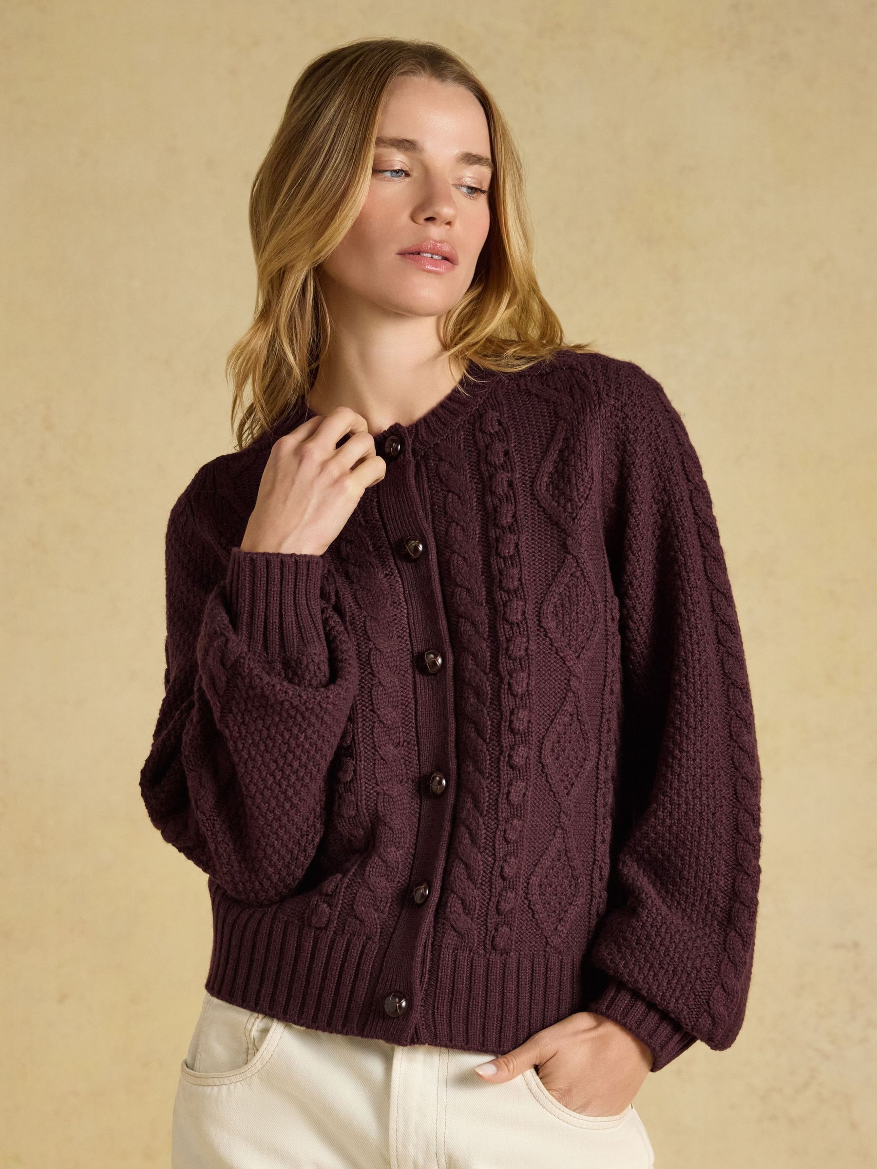 Wine - Cable Knit Crew Neck Cardigan