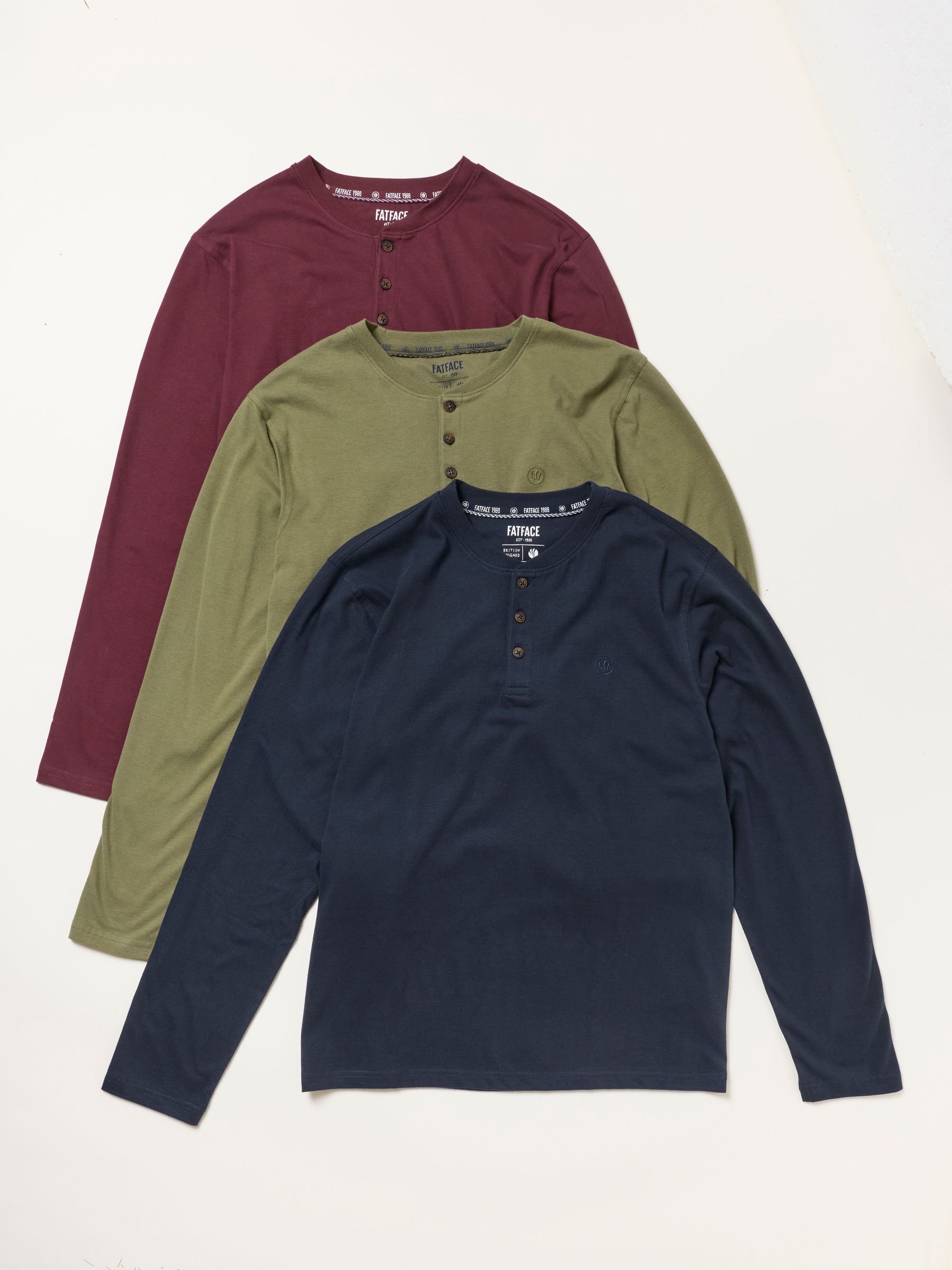 Navy/Green/Burgundy - Regular Long Sleeve Henley T-shirt