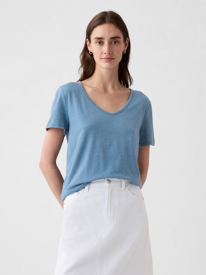 Blue Cotton Vintage Short Sleeve V Neck T-Shirt (V63450) | £9