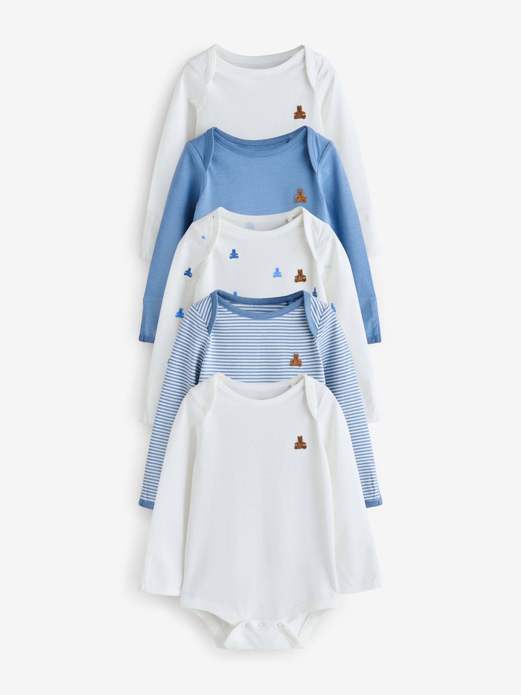 Blue and White - 5 Pack Brannan Bear Long Sleeve Baby Bodysuit