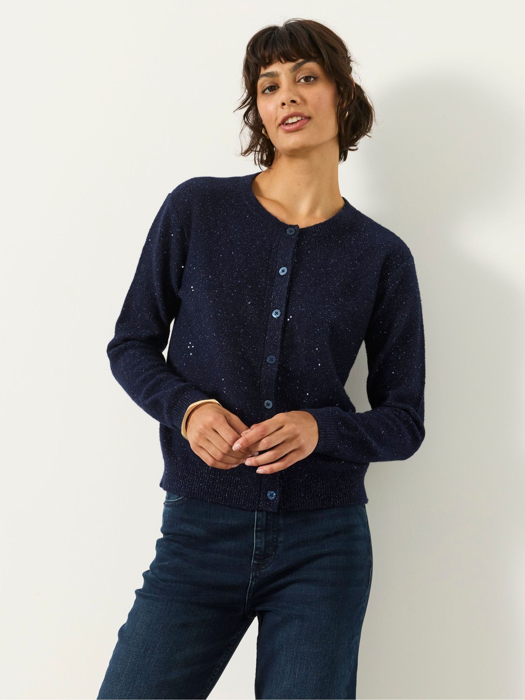 Navy - Knitted Sequin Sparkle Crew Cardigan