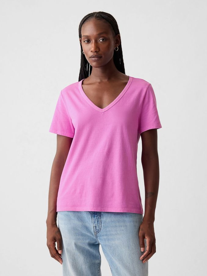Purple Cotton Short Sleeve Vintage V-Neck T-Shirt (V68208) | £10