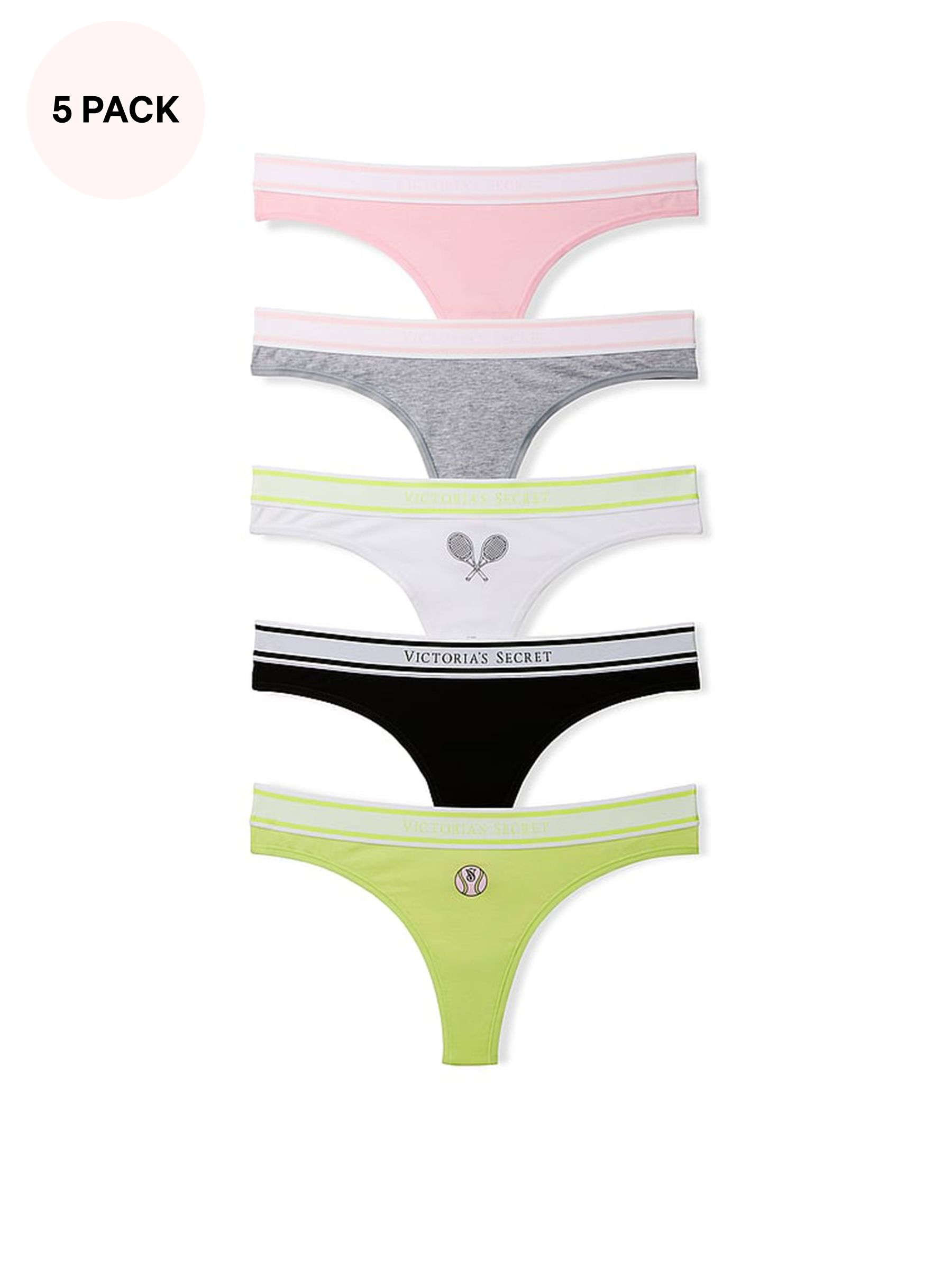 Pink/Grey/White/Black/Green - Thong Knickers 5 Pack