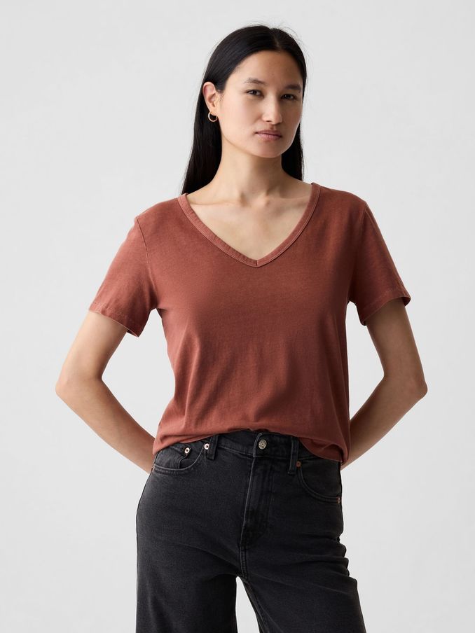 Brown Cotton Short Sleeve Vintage V-Neck T-Shirt (V69036) | £10