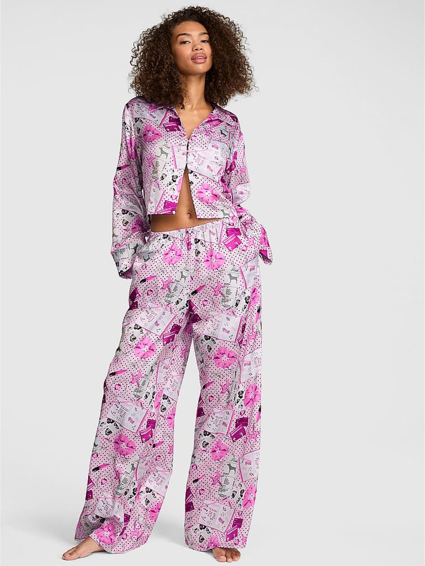 Pink Makeup Print - Satin Long Pyjama Set