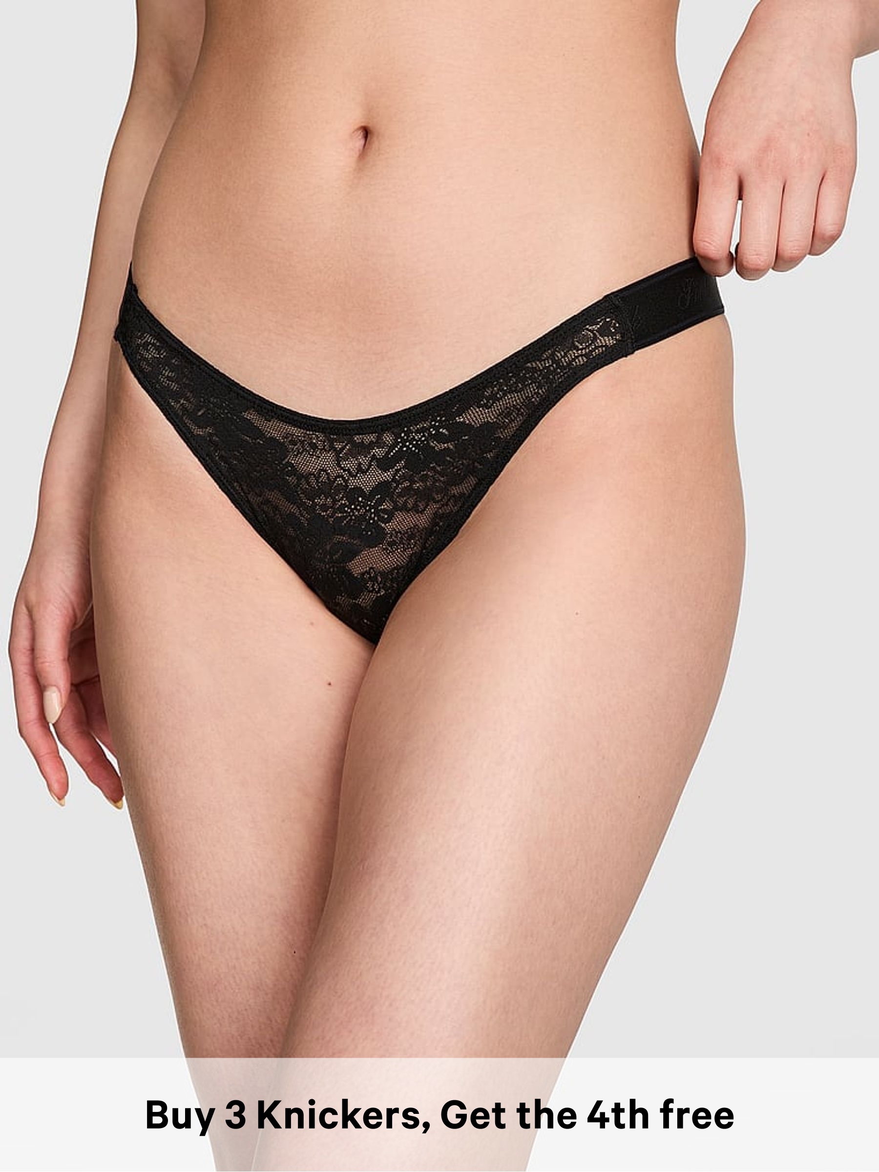 Black - Thong Lace Logo Knickers