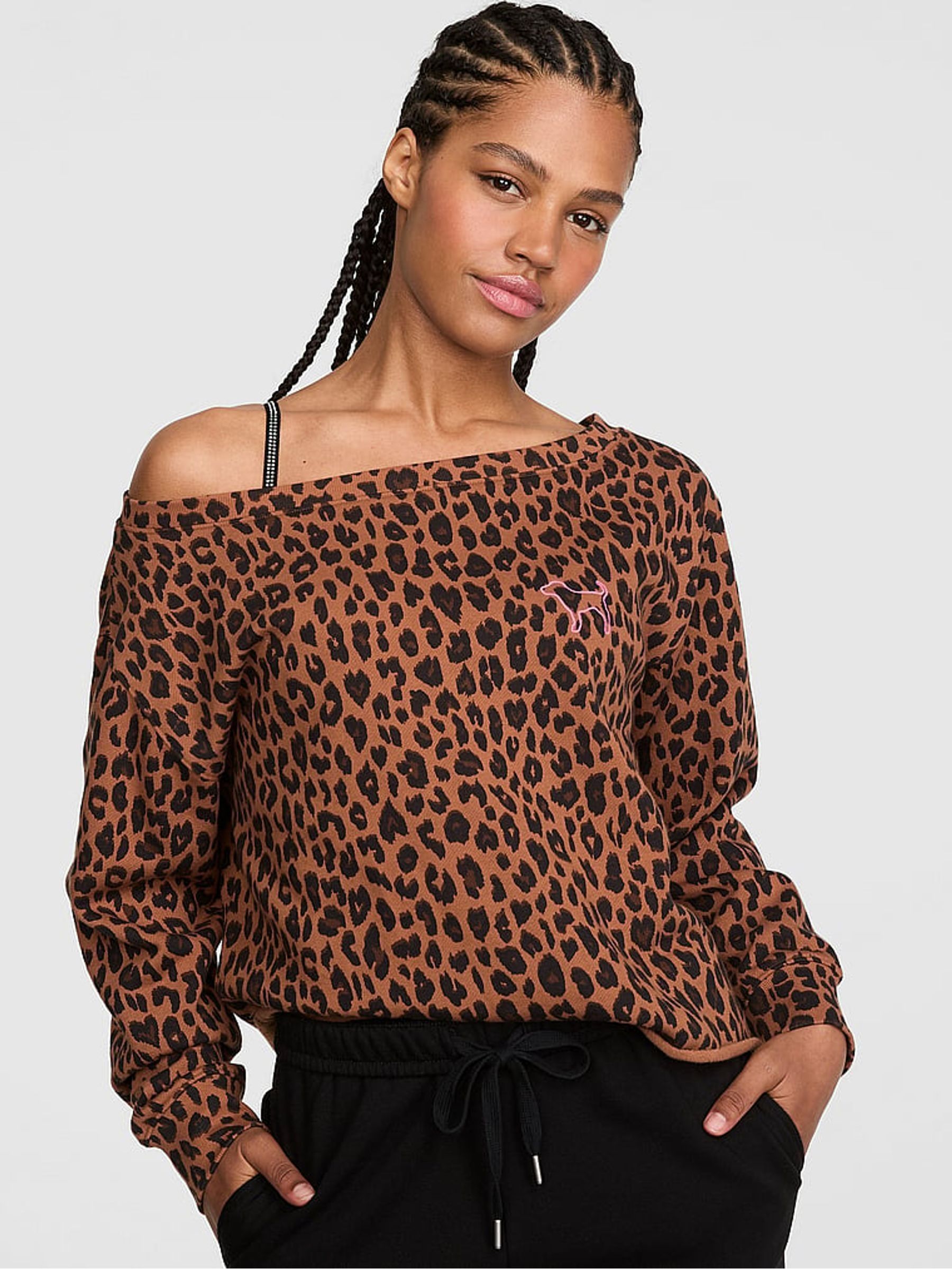 Leopard Brown - Off The Shoulder Fleece Sweatshirt