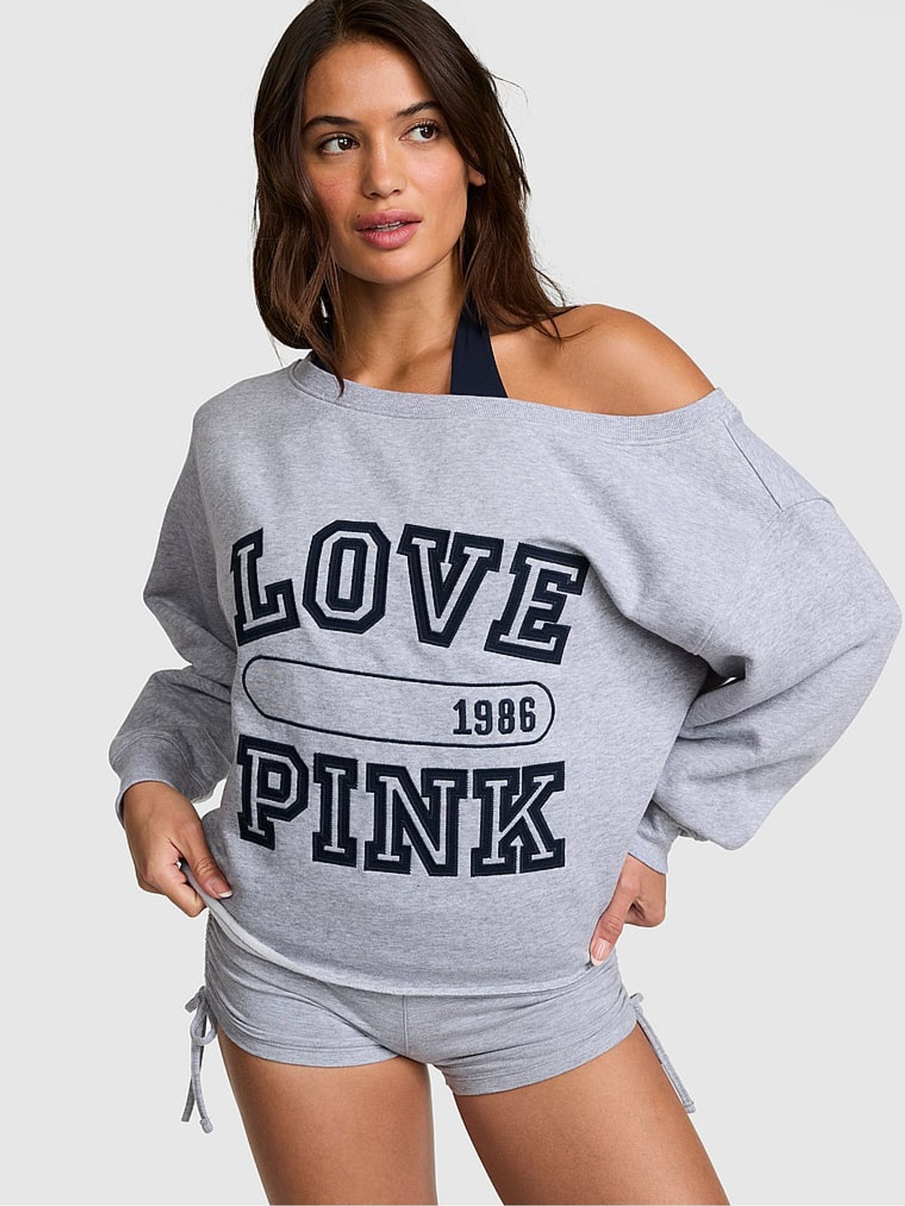 Medium Heather Grey Logo - Off The Shoulder Fleece Sweatshirt