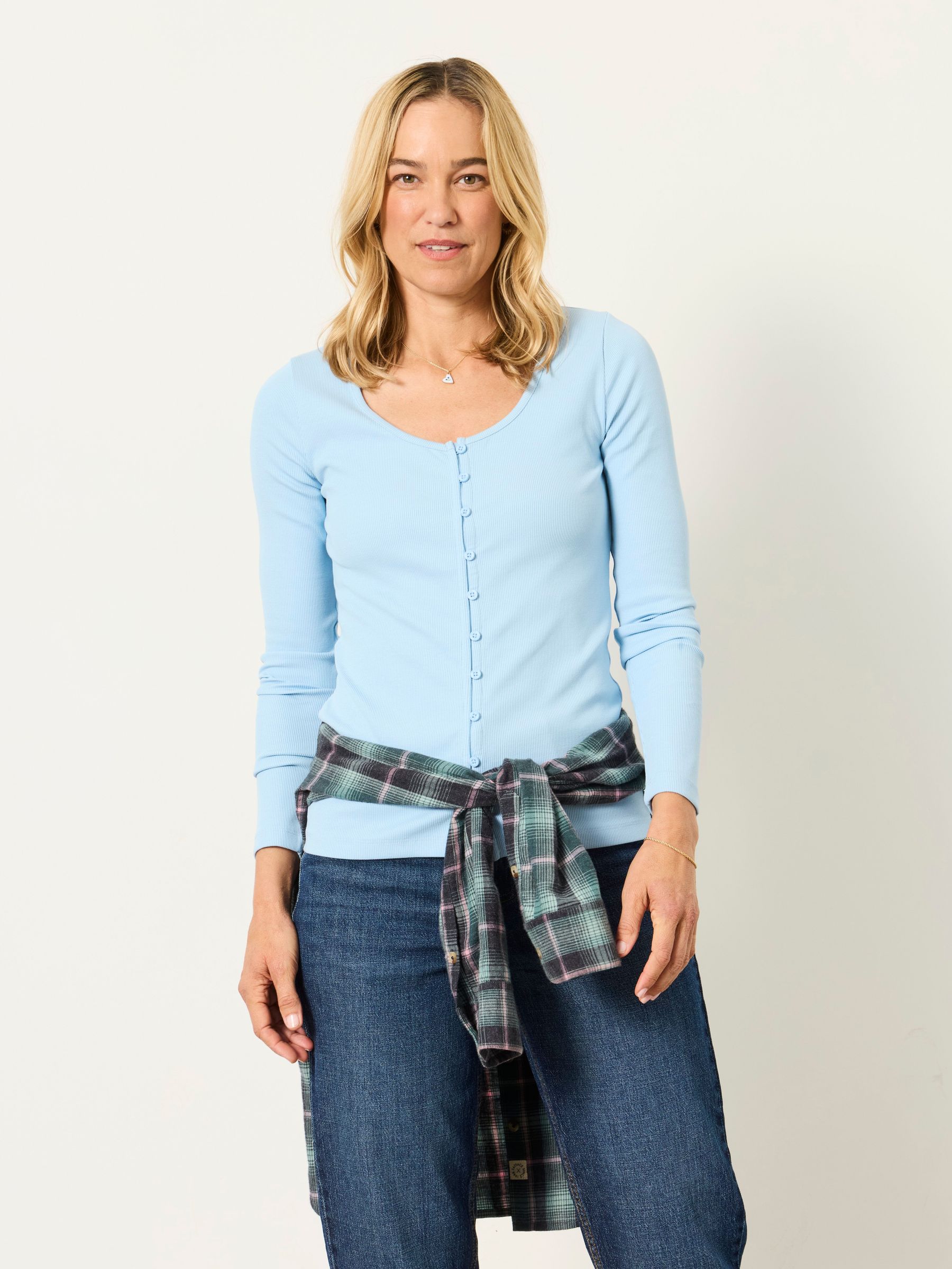 Pale Blue - Button Ribbed Long Sleeve Top
