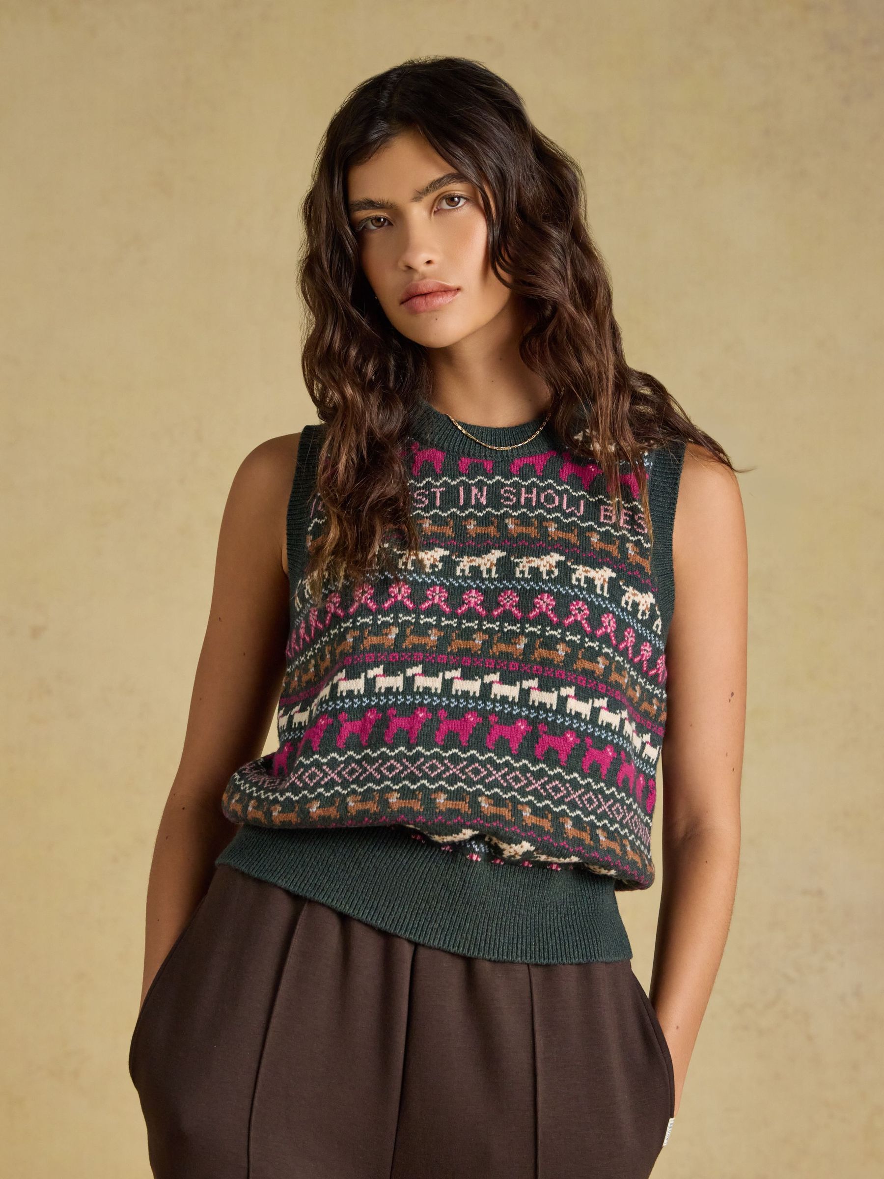 Green - Cotton Blend Crew Neck Knitted Vest