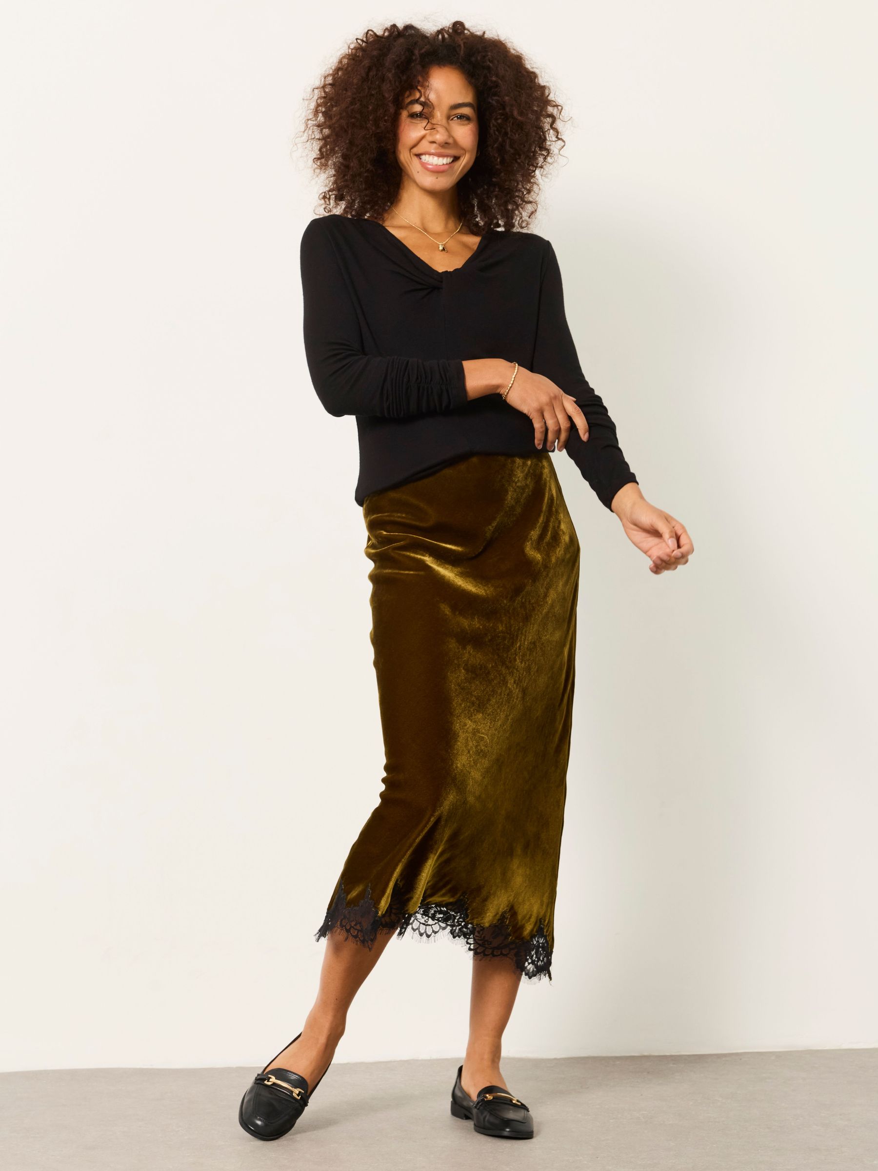 Olive Green - Velvet Midi Skirt