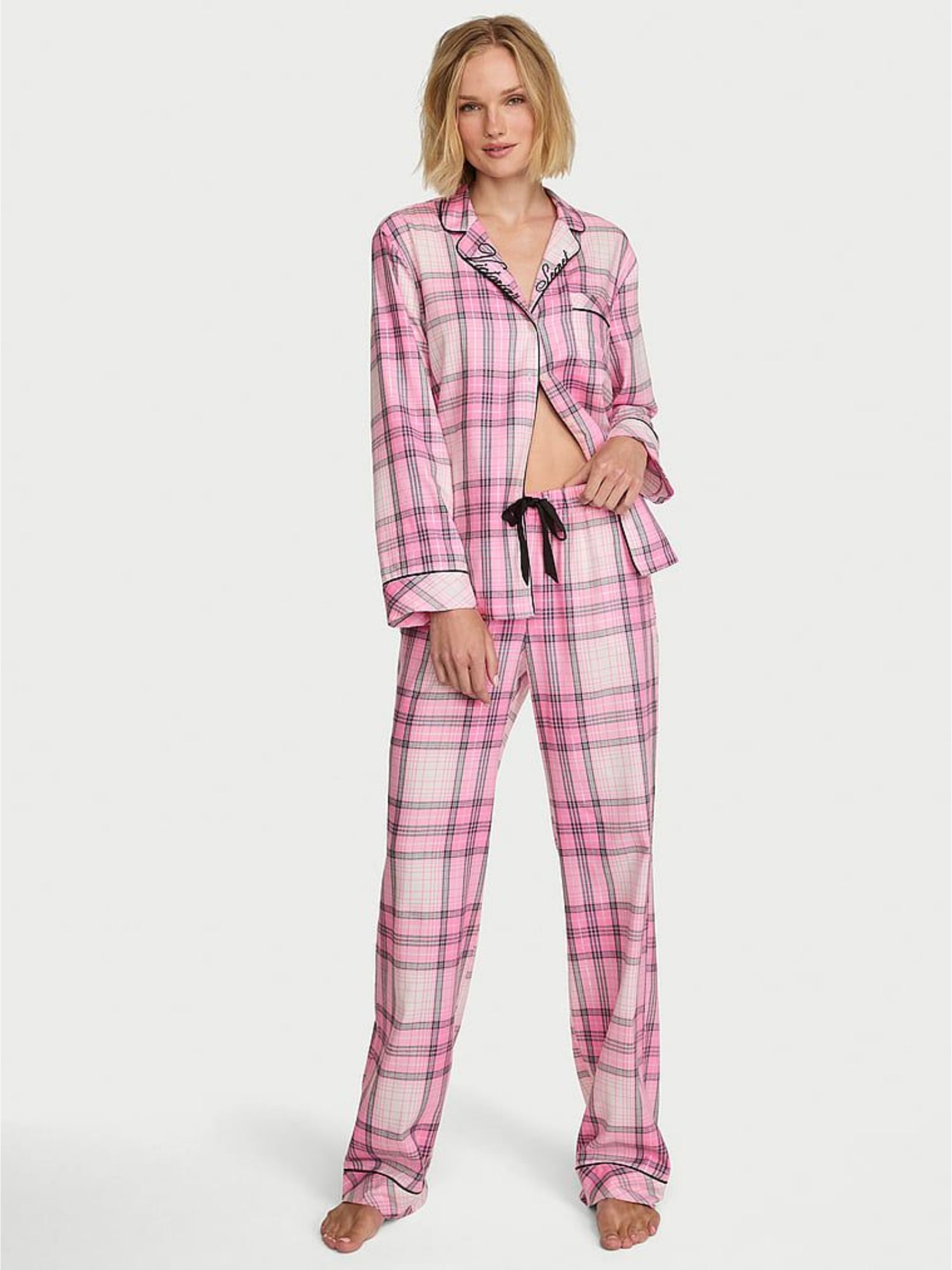 Pretty Blossom Pink Tartan - Flannel Long Pyjama Set