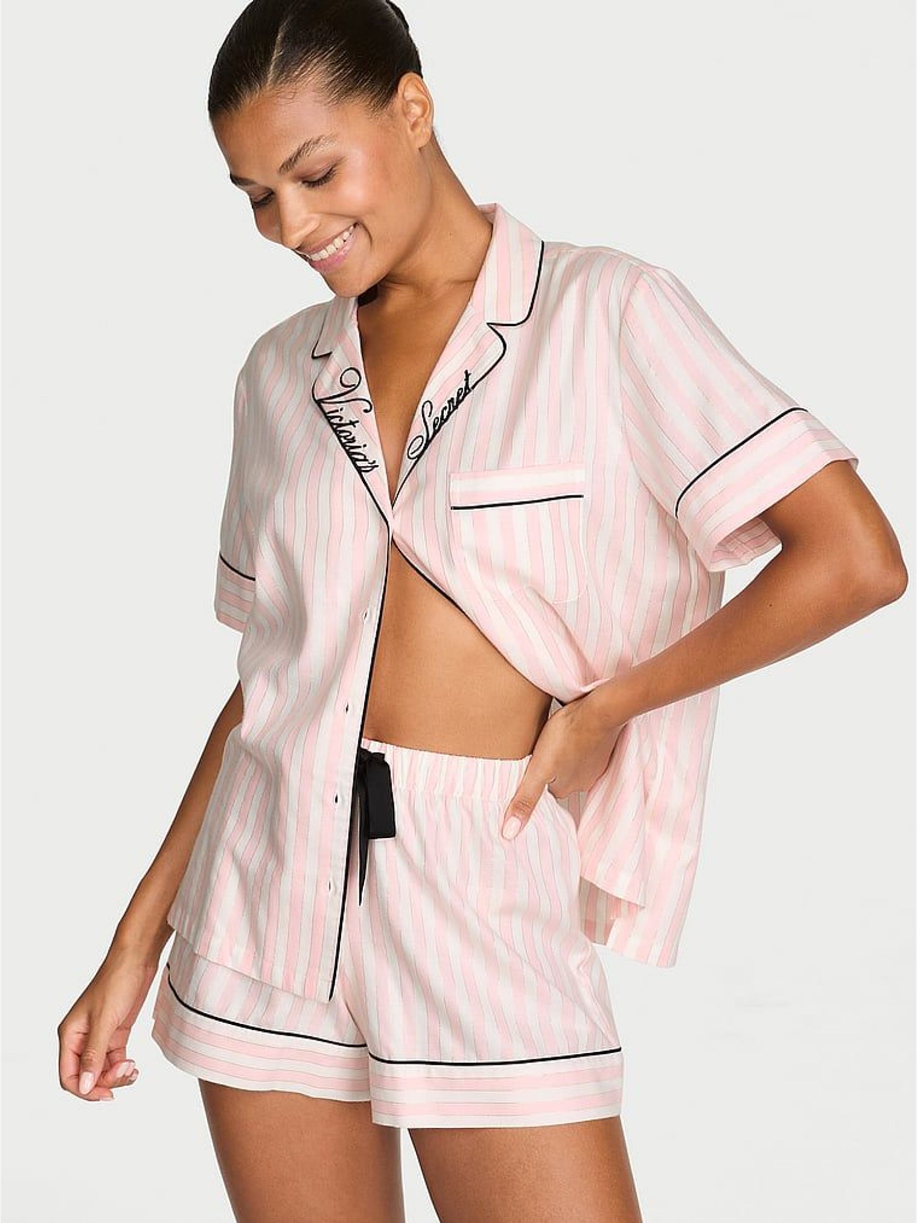 Pretty Blossom Pink Iconic Stripe - Flannel Shorts Pyjama Set