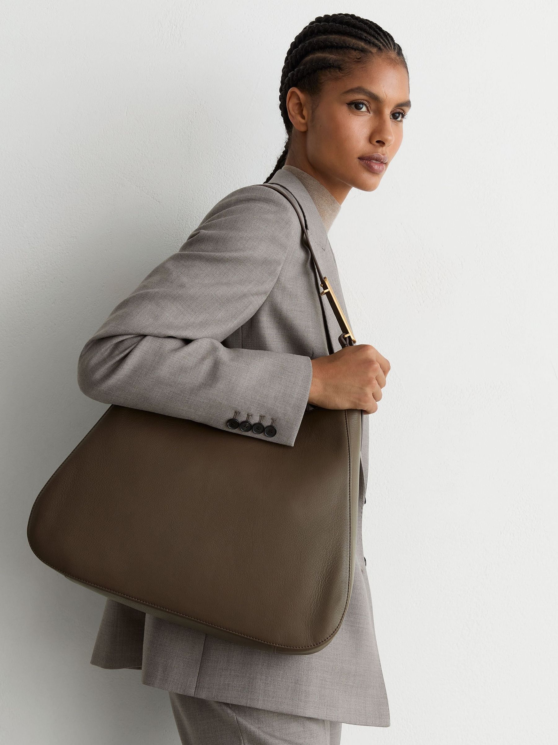 Taupe - Leather Hardware-detail Tote Bag