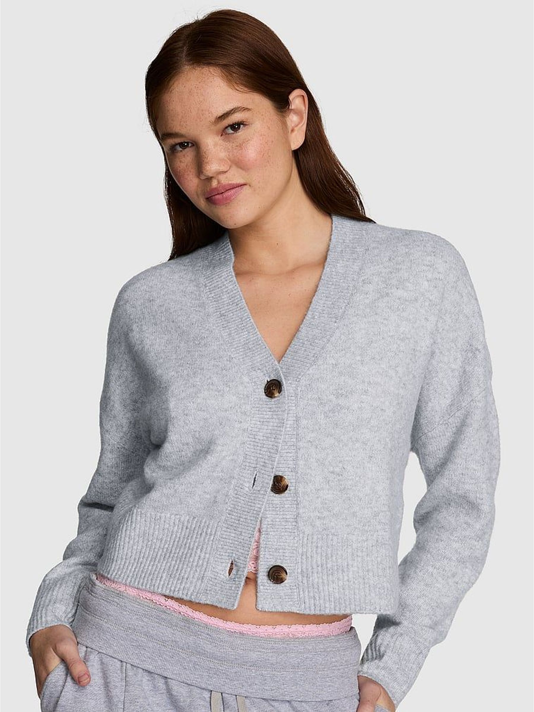 Medium Heather Grey - Cropped V-neck Cardigan