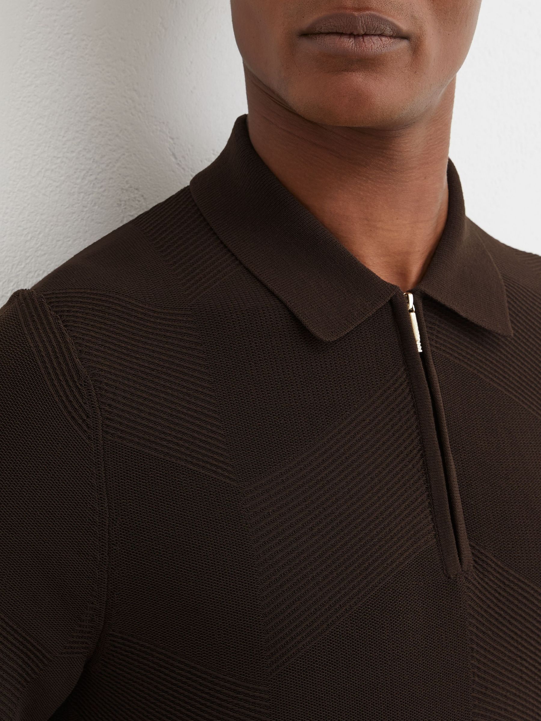 Chocolate Brown - Regular Cotton-blend Chevron-knit Half-zip Polo Shirt