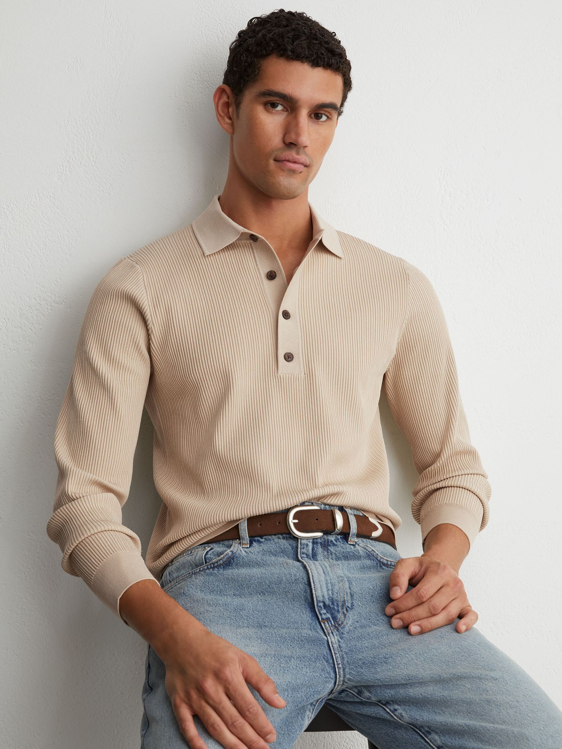 Stone - Regular Ribbed Half-button Polo Shirt