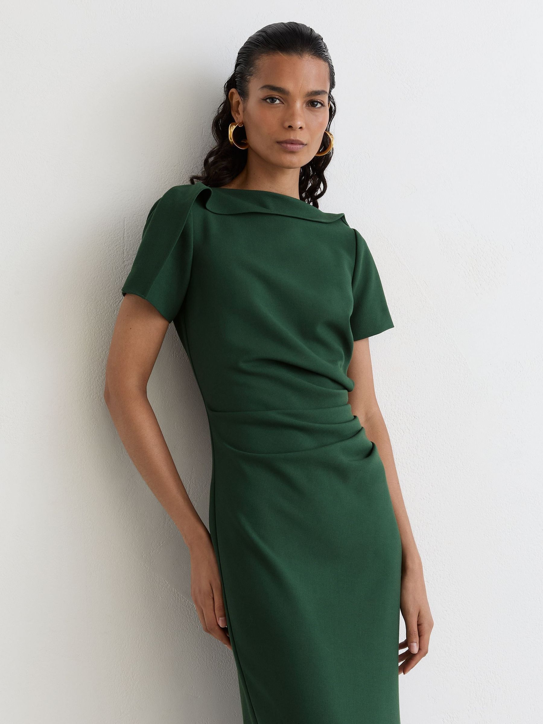 Teal Green - Ruched-detail Boat-neck Midi Dress