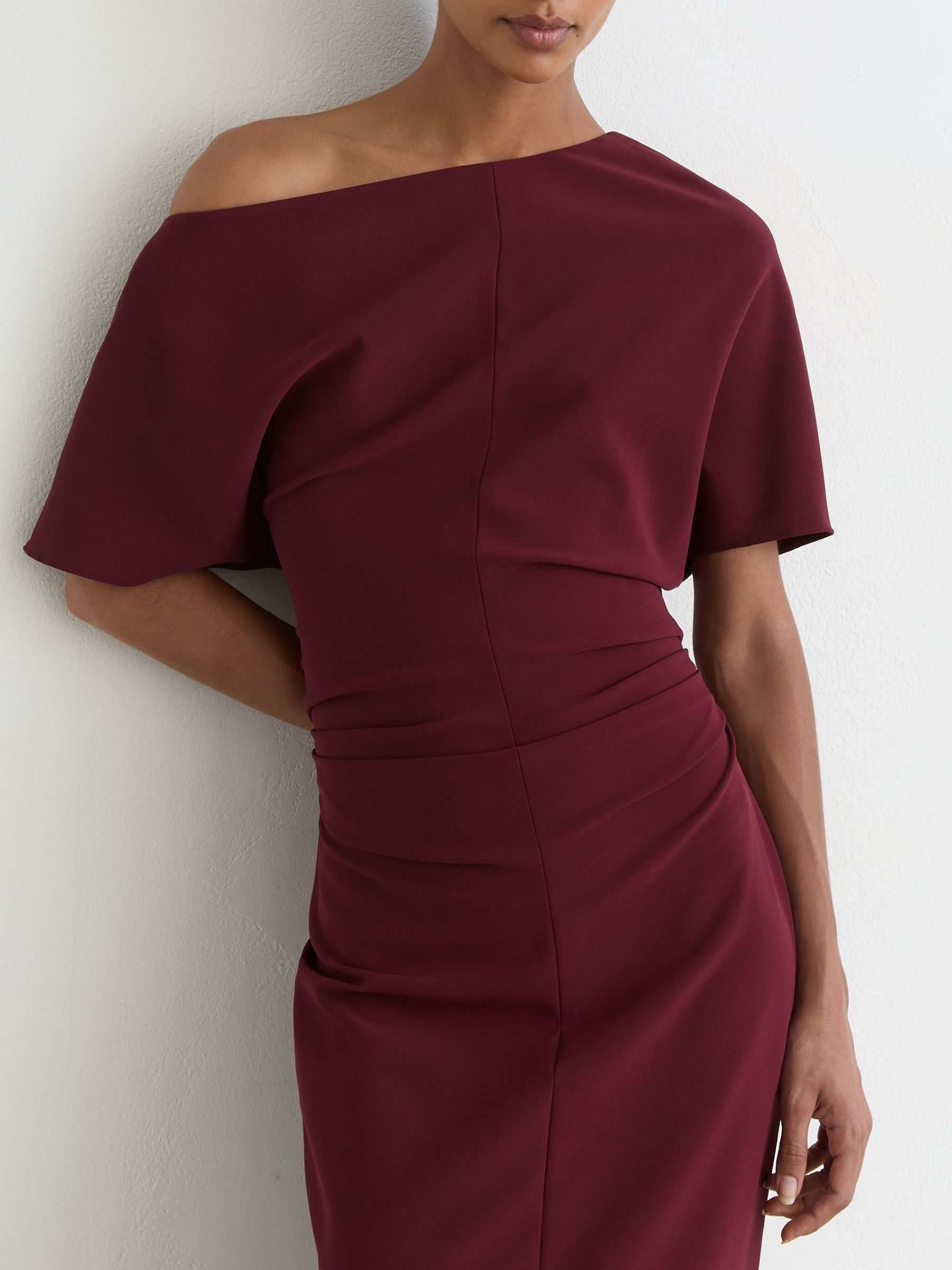 Berry Red - Off-shoulder Ruched Midi Dress