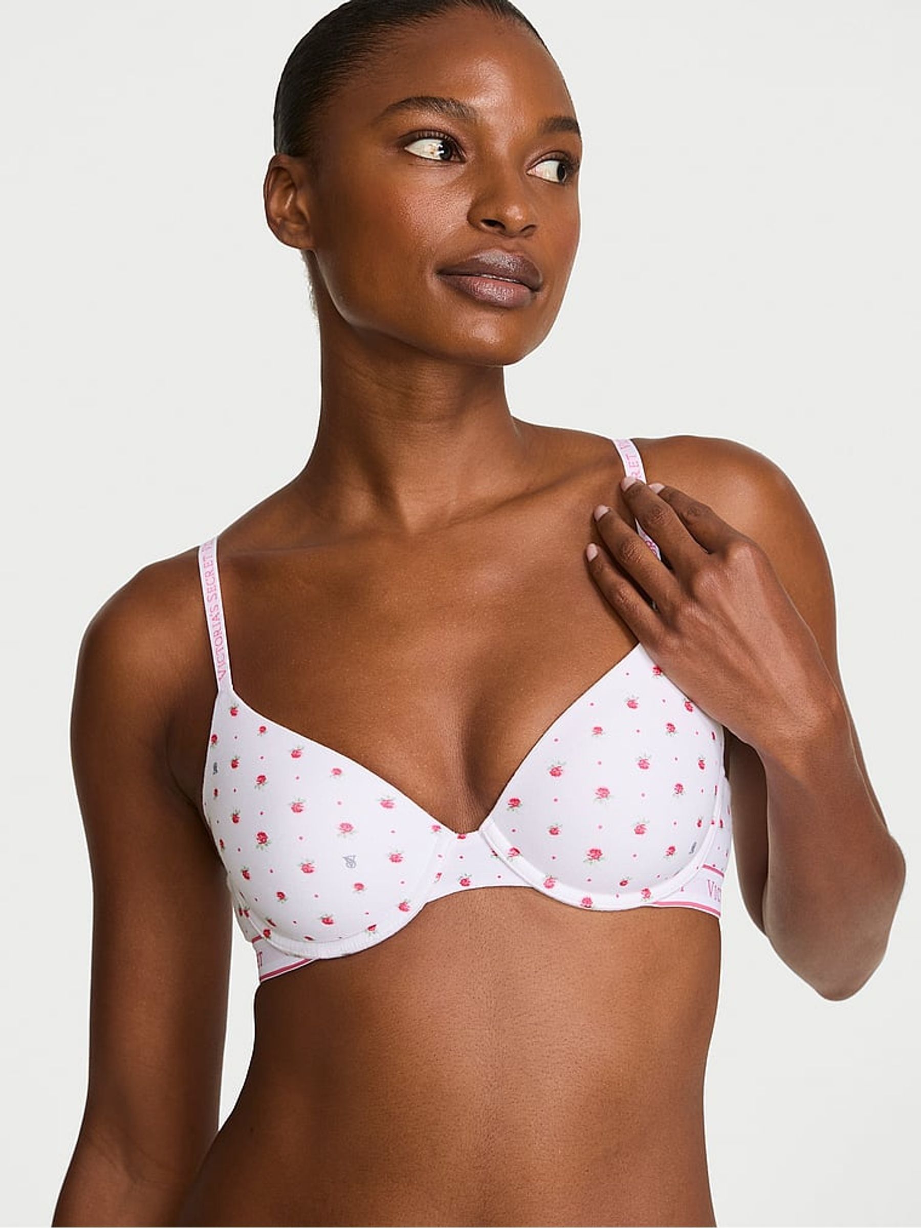 Pink ditsy floral - Lightly Lined Demi Cotton Logo Bra