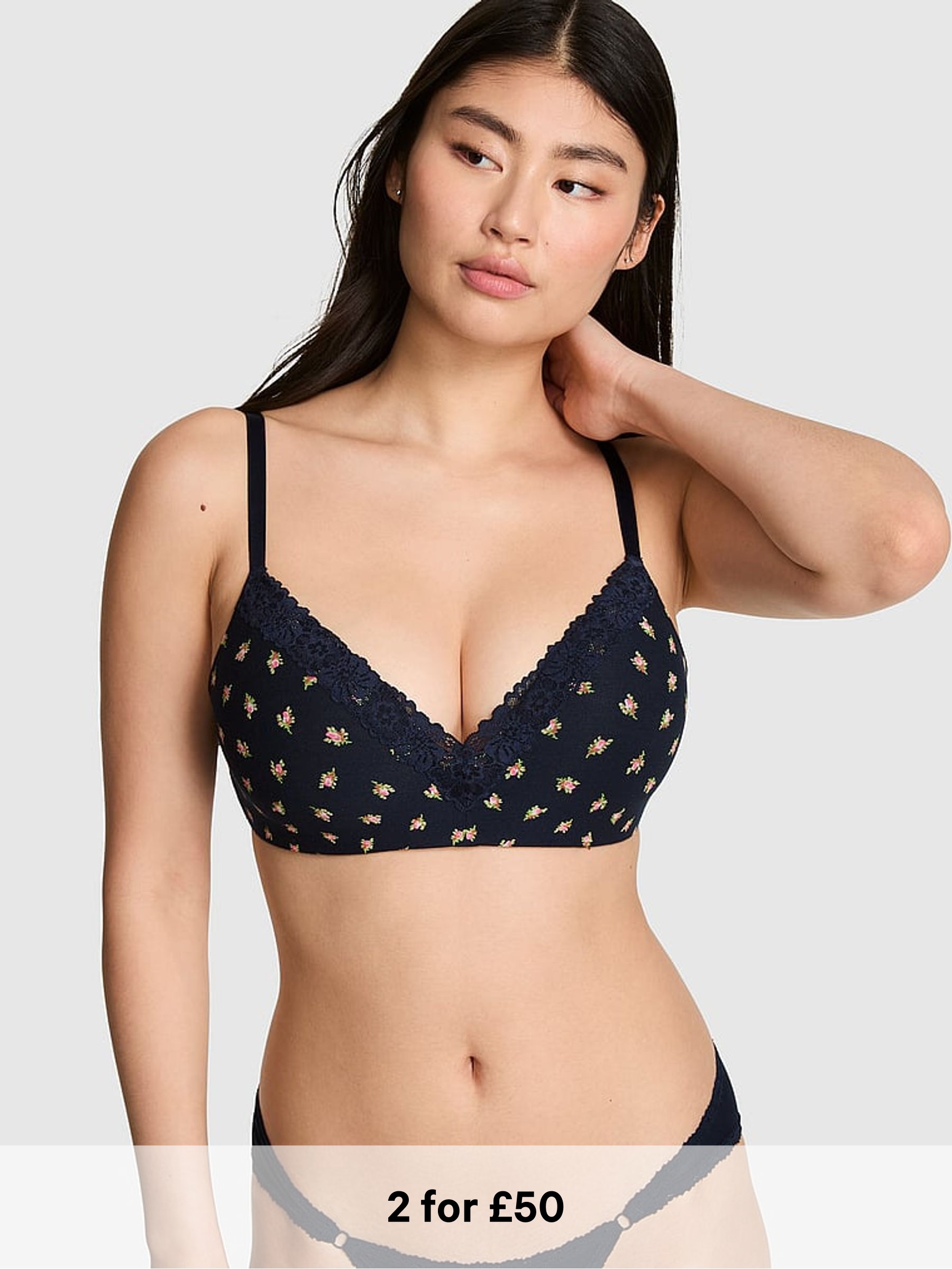 Noir Navy Blue Floral Print - Non Wired Lightly Lined Lace Trim Bra
