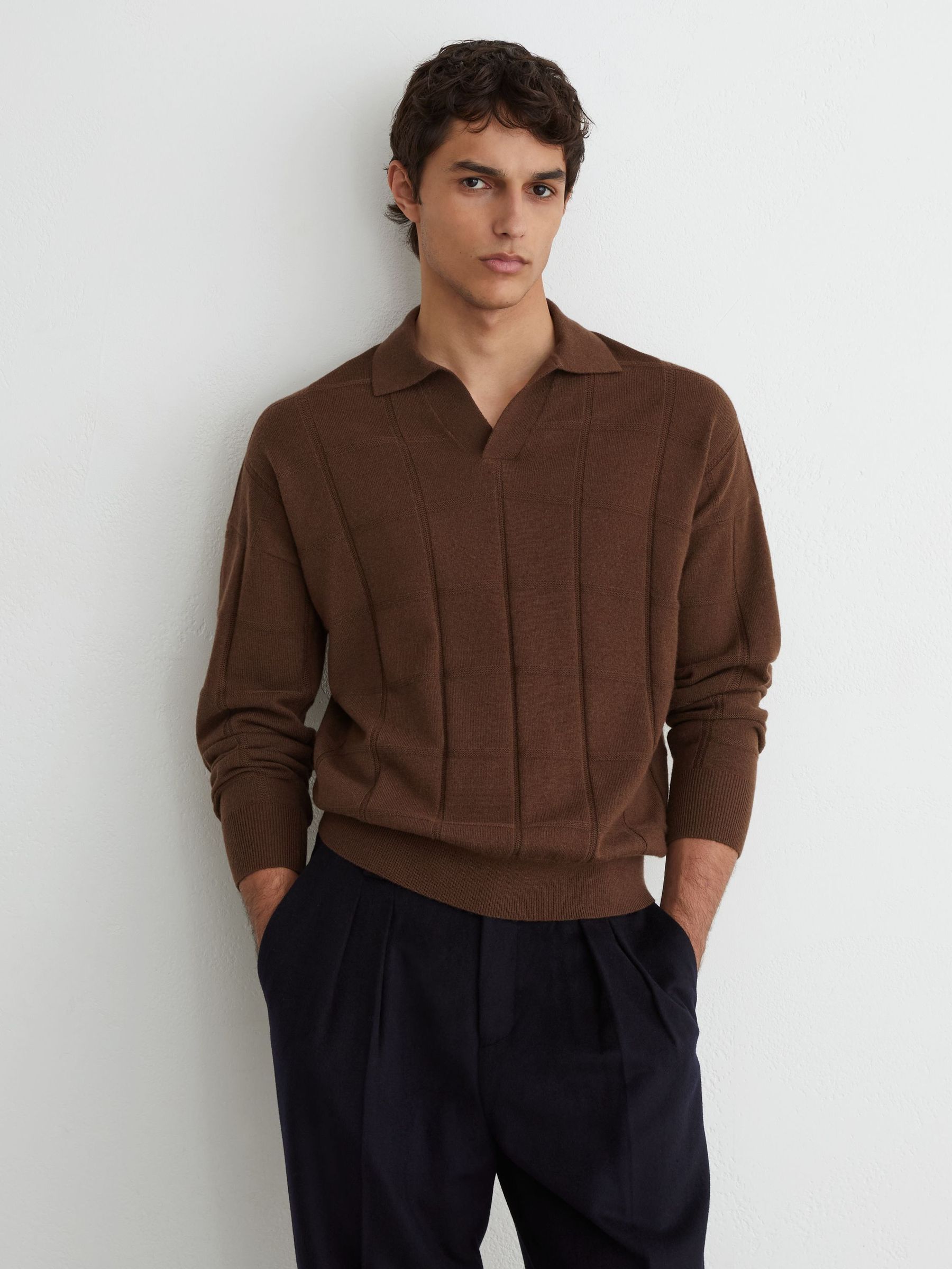 Tobacco Brown - Regular Wool Square-textured Open-collar Polo Jumper