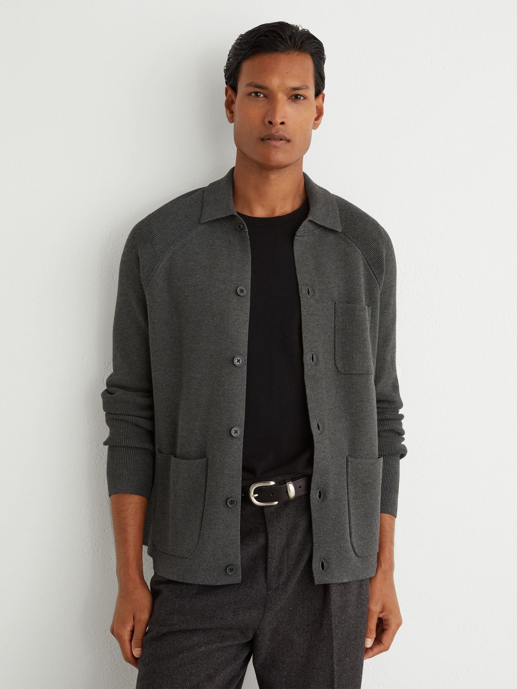 Charcoal Grey - Regular Rib-knit Detail Button-through Cardigan