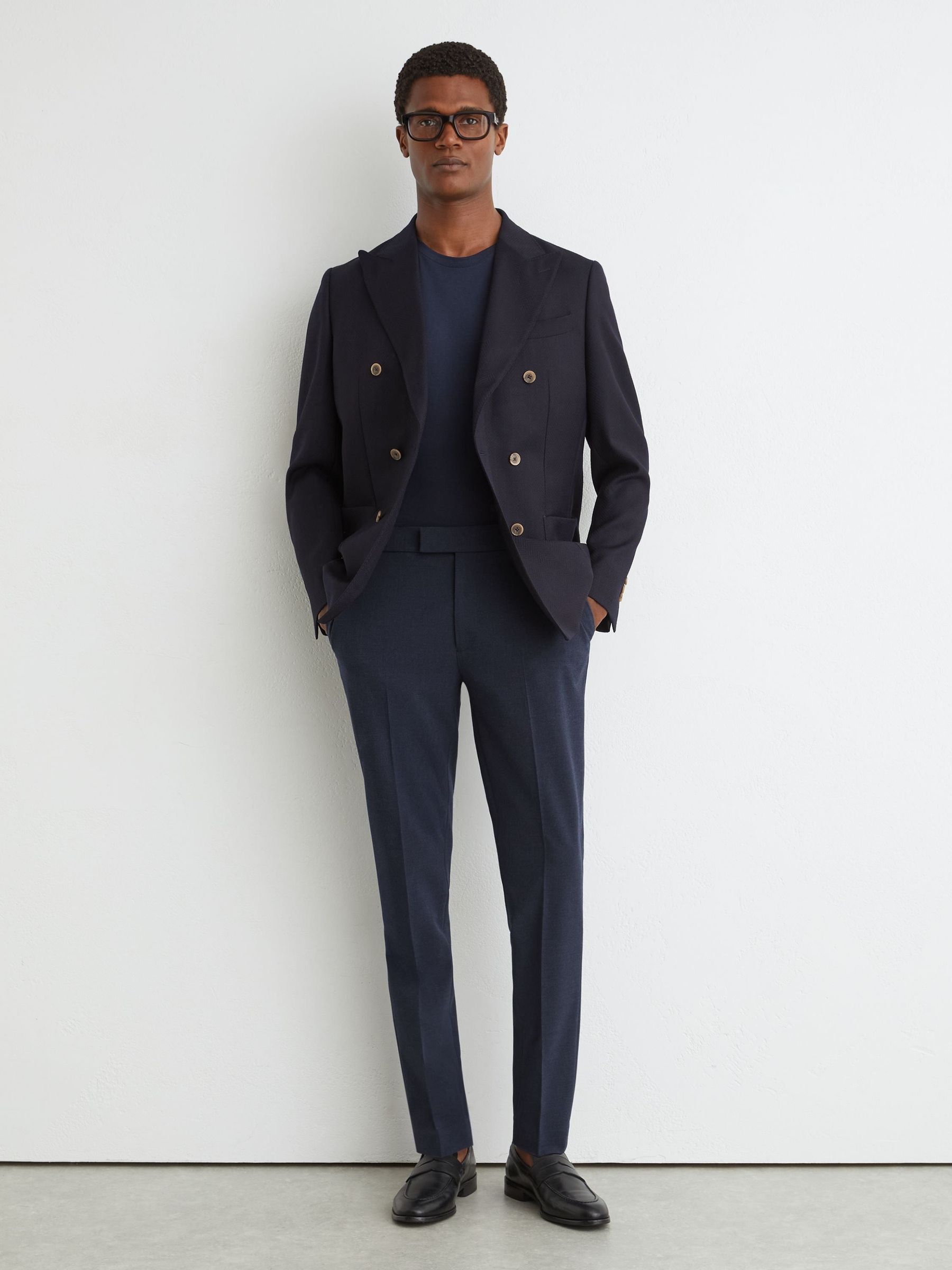 Airforce Blue Melange - Slim Fit Stretch Drawstring Trousers